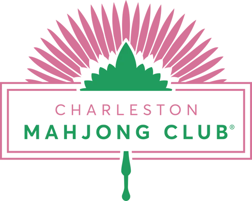 Charleston Mahjong Clurb logo with a pink fan and green mountain graphic