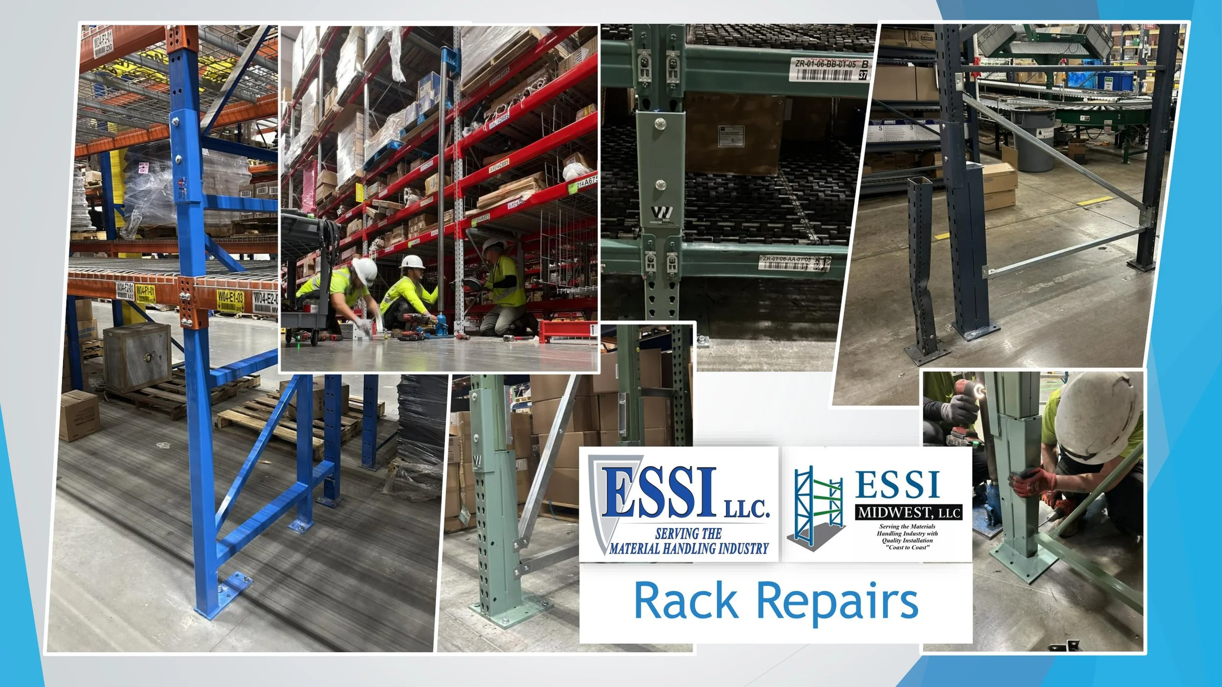 Collage of images showing warehouse shelving, workers repairing racks, and tools, with logos of ESSI LLC and ESSI Midwest LLC, focusing on rack repairs and material handling industry services.