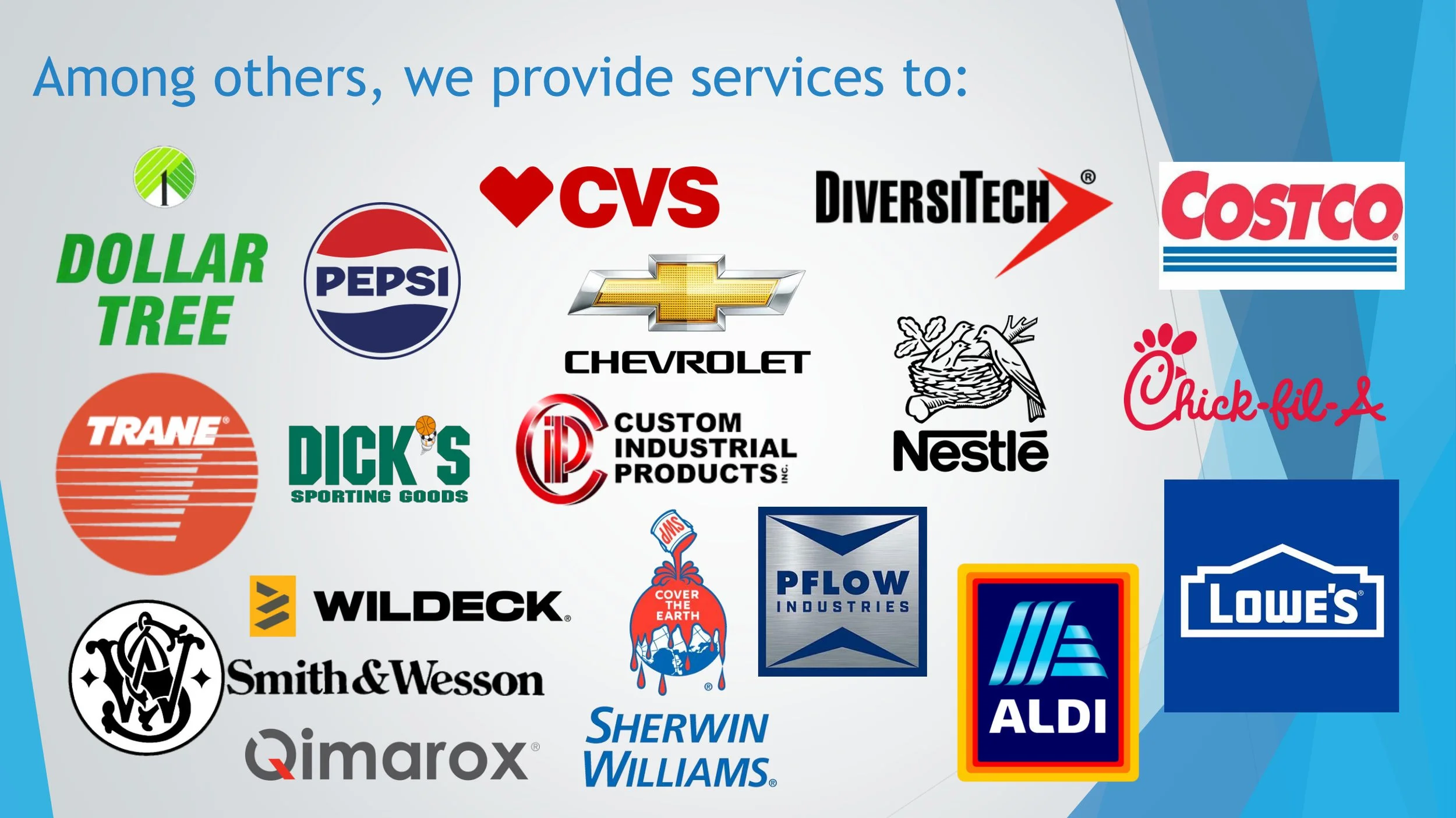 A promotional graphic displaying various company logos including Dollar Tree, Pepsi, CVS, DiversiTech, Costco, Chick-fil-A, Trane, Dick's Sporting Goods, Chevrolet, Custom Industrial Products, Nestlé, Wildeck, Smith & Wesson, Sherwin Williams, Lowes,