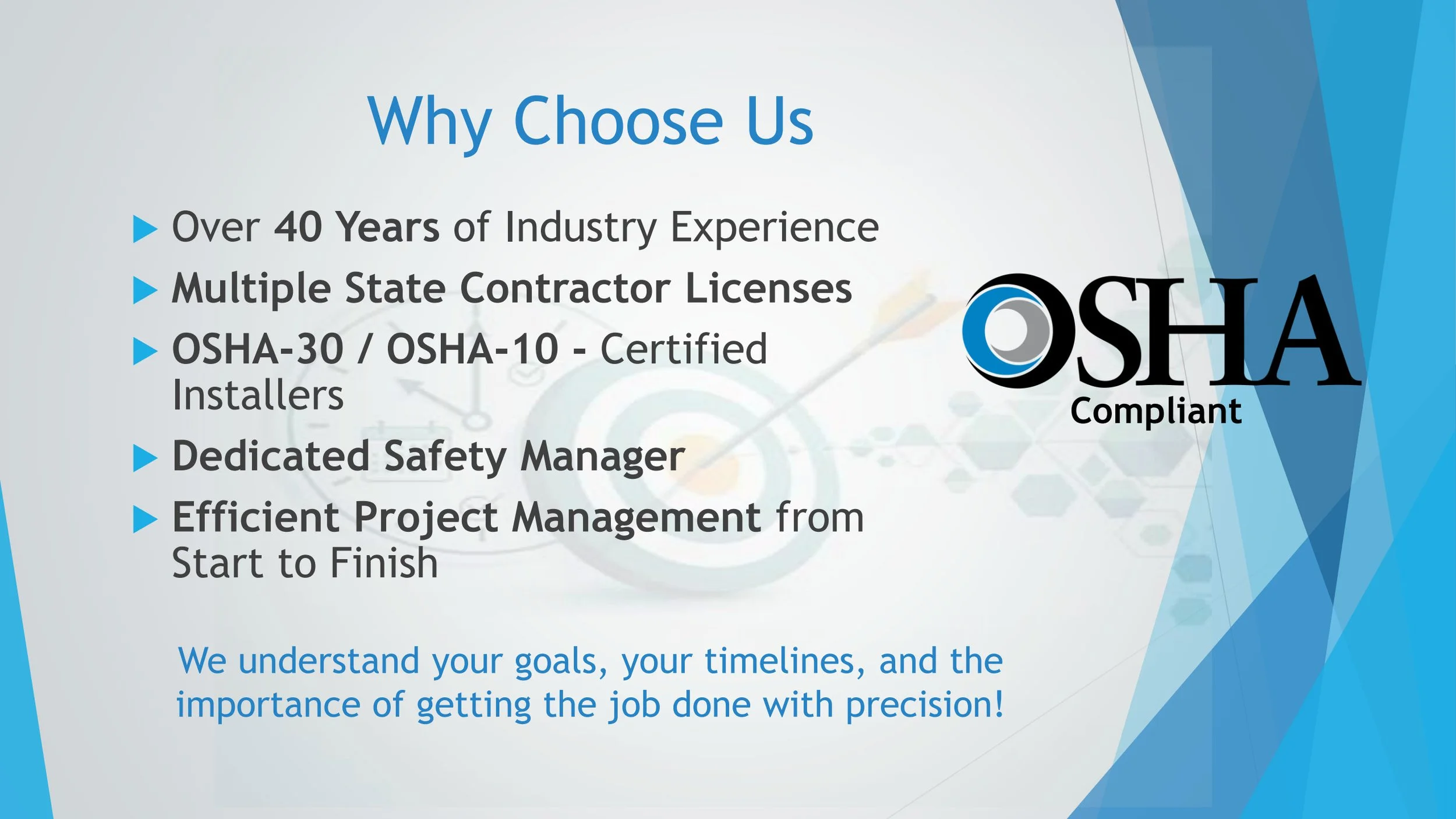 Company presentation slide titled 'Why Choose Us' listing their experience, licenses, certifications, safety manager, and project management advantages with a partial company logo for OSHA.