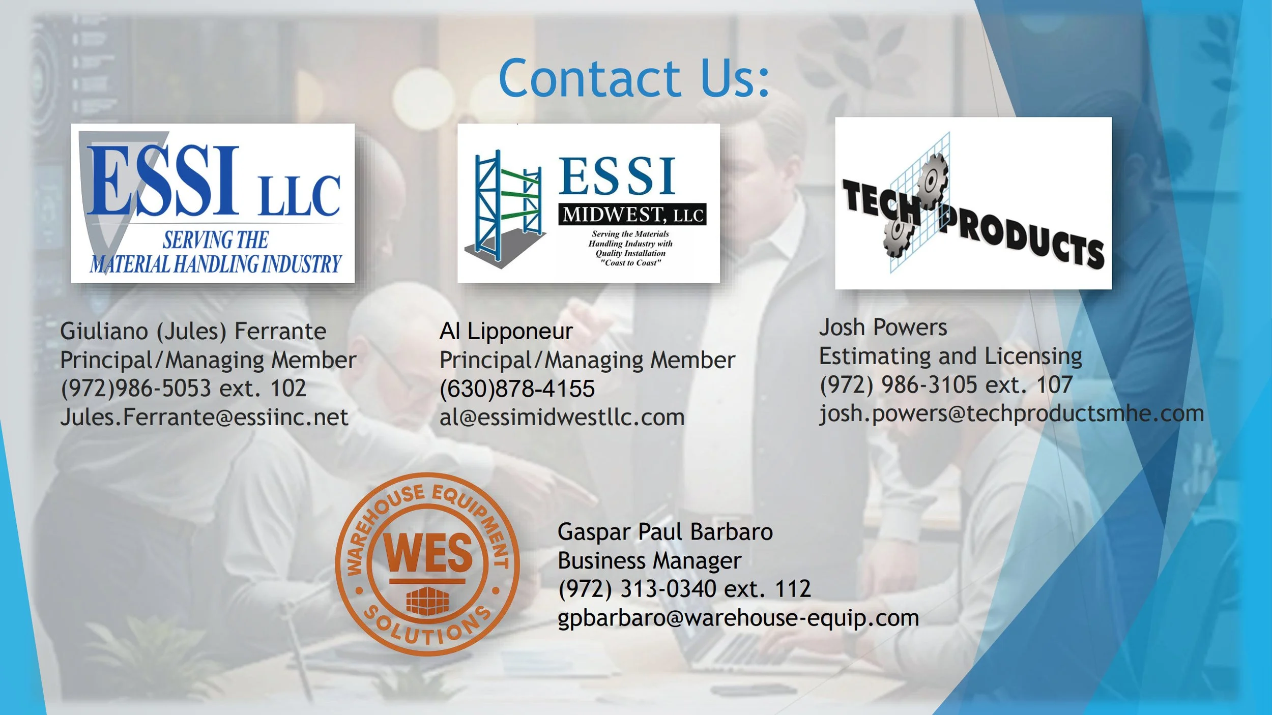 Business contact information for multiple individuals and companies, including logos from ESS LLC, ESSI Midwest LLC, Tech Products, and Warehouse Equipment Solutions (WES).