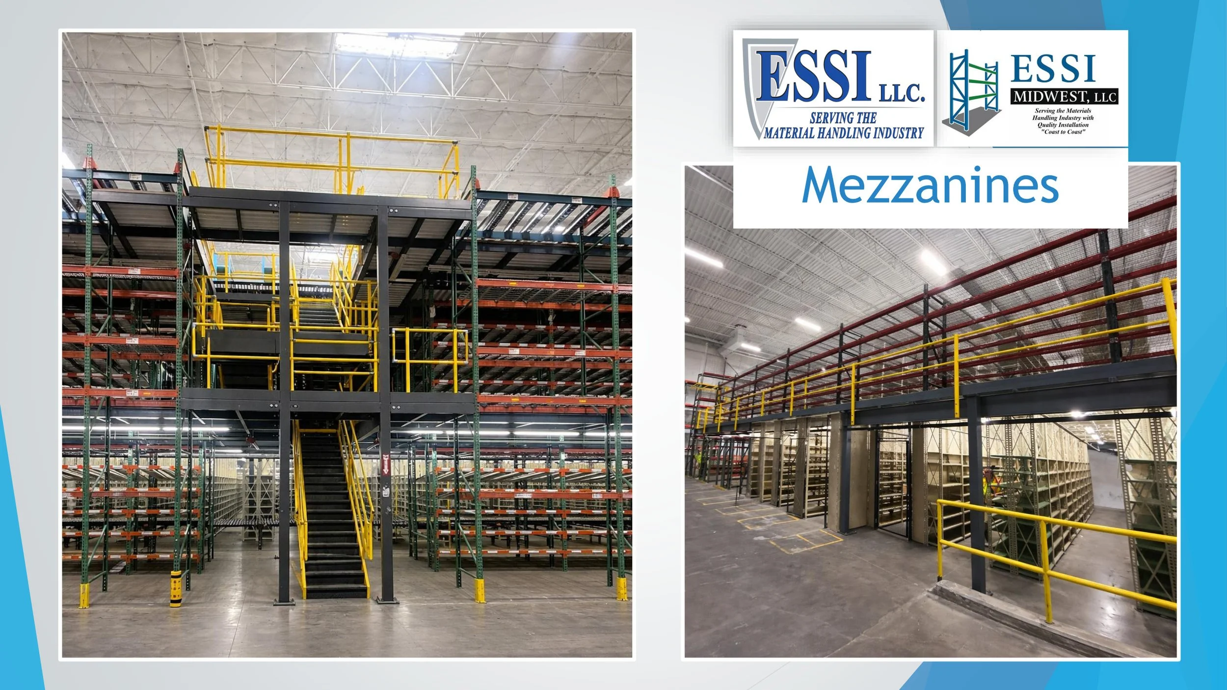 Interior of a warehouse with multiple levels of shelving units and yellow safety railings, used for storage and material handling.