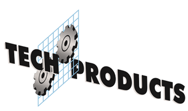 Graphic of the words 'TECH PRODUCTS' with gear icons and a grid background.
