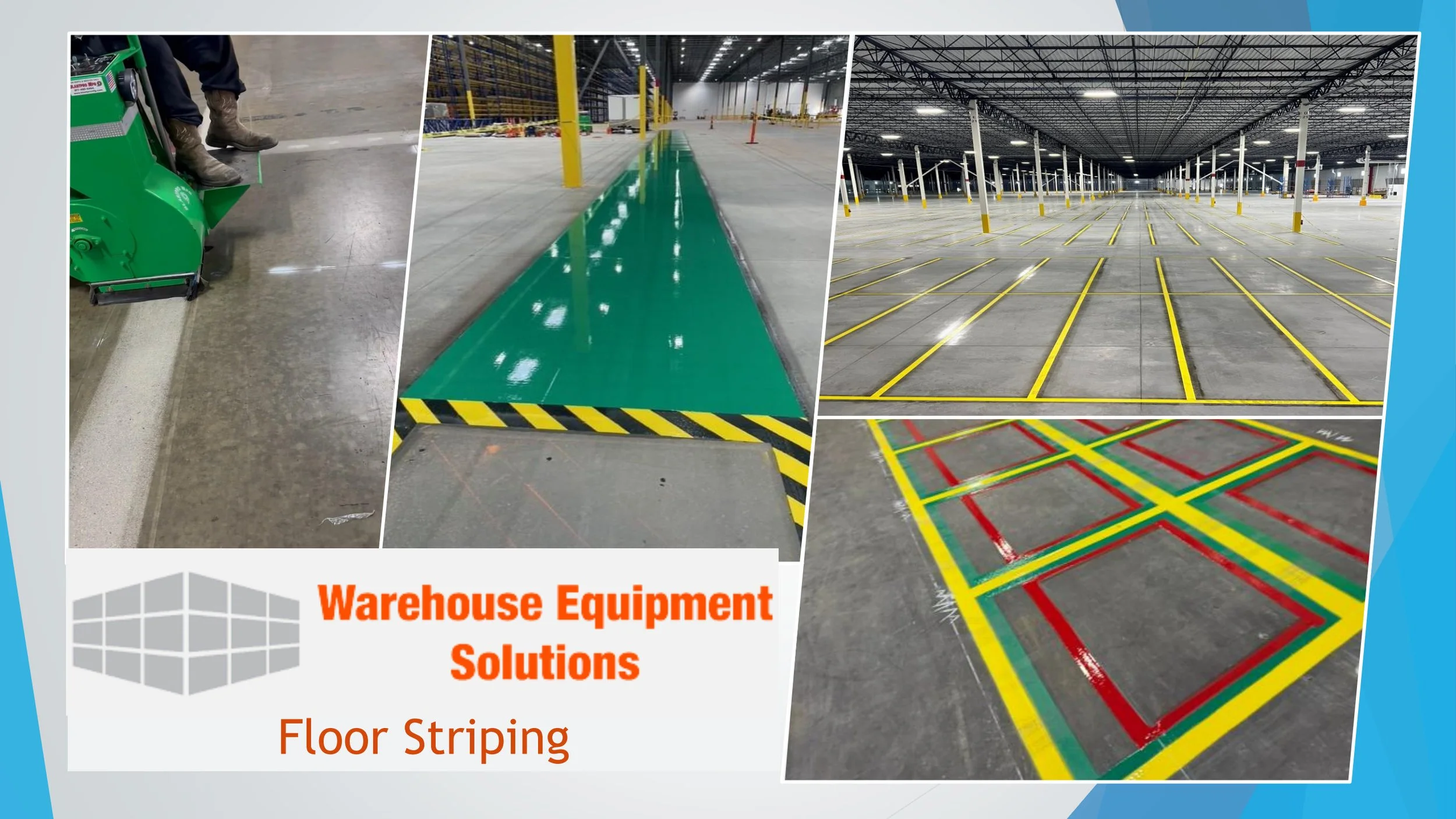 Collage of four warehouse flooring solutions, including wheel mark removal, green epoxy coating, parking space lines, and colorful floor striping for organization.