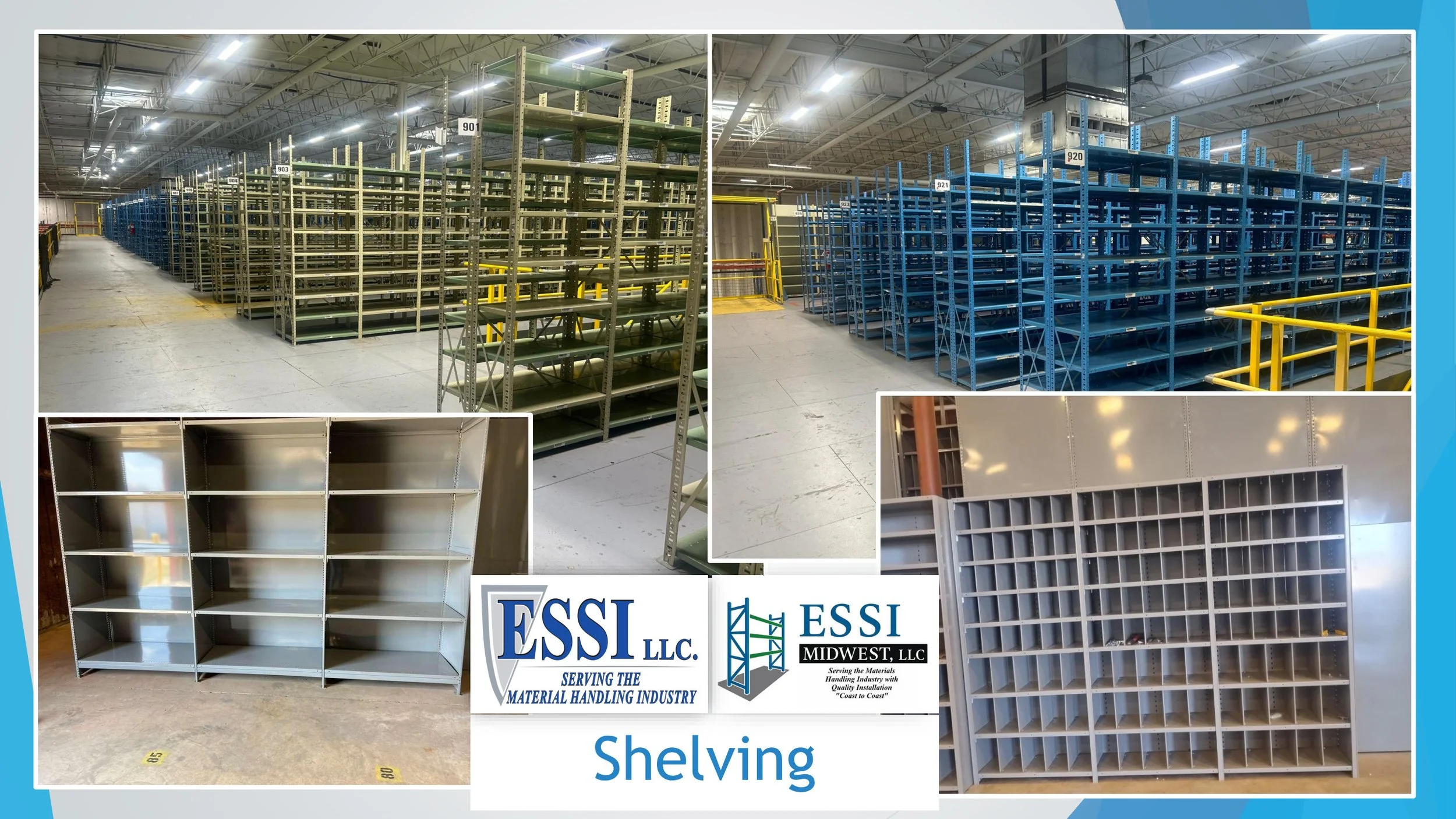 Comparison of metal shelving units, one empty with beige frames and the other painted blue, in a warehouse. Close-up shots of the shelving units show their interior structure. Logos for ESSI LLC and ESSI Midwest LLC are present at the bottom.