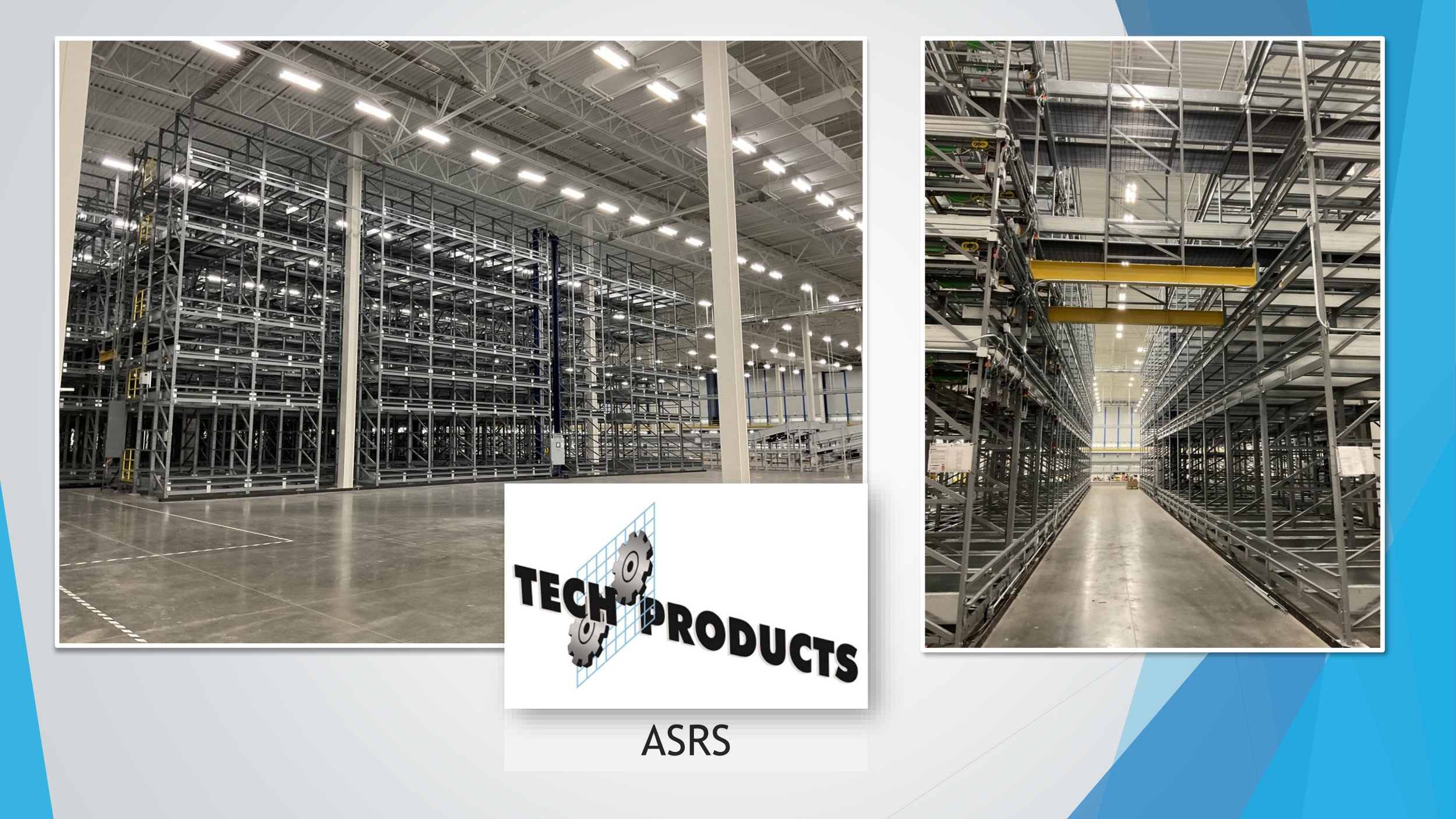 Interior of a large warehouse with empty metal shelving units and a sign that reads 'TECH PRODUCTS'.