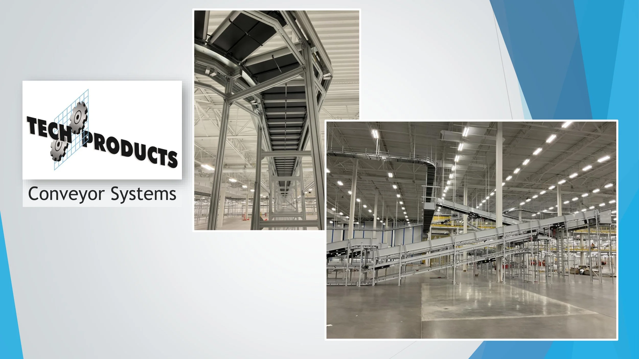 Interior view of a warehouse or distribution center showcasing conveyor systems and metal framework for an automated logistics operation.
