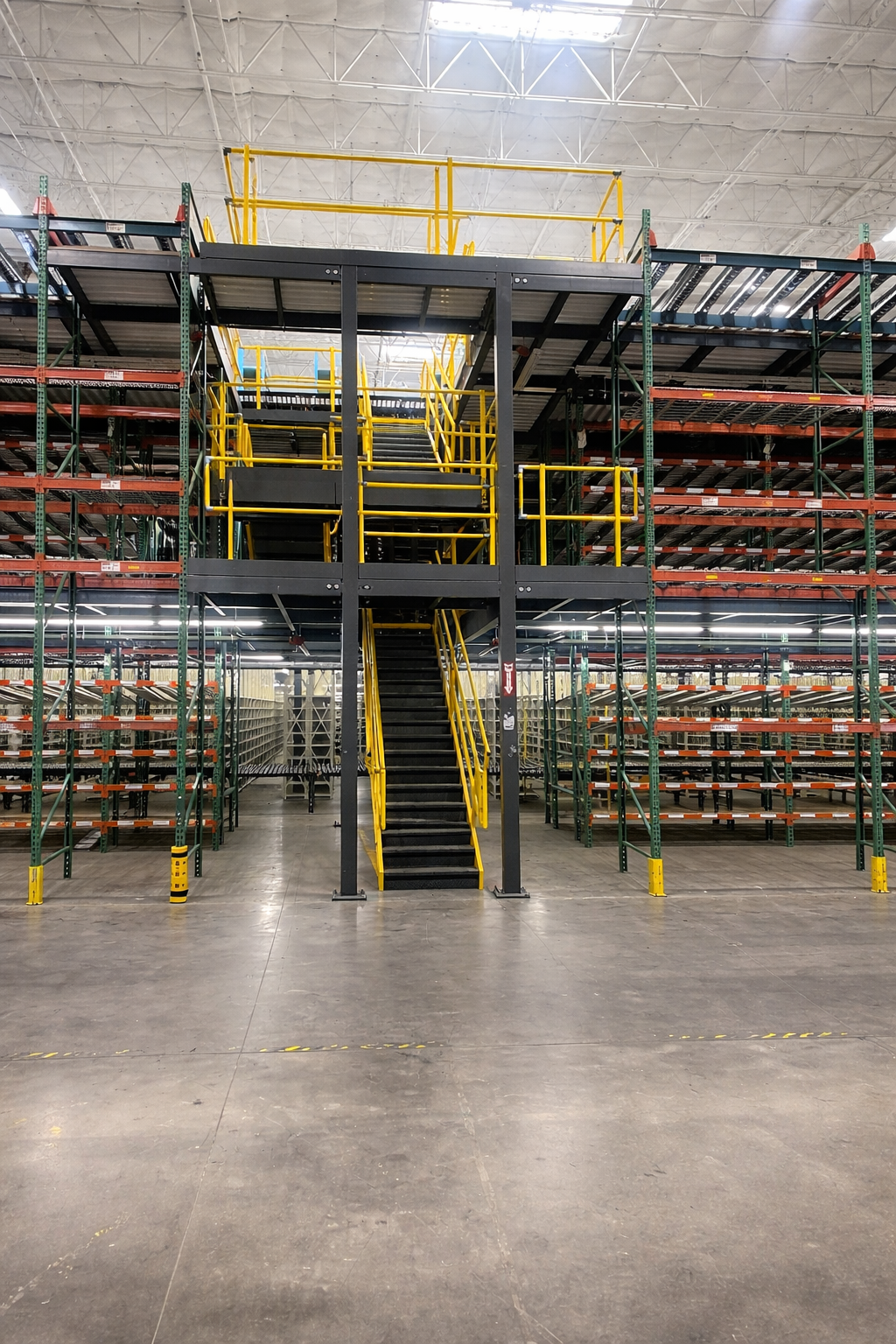 Empty warehouse with metal shelving units and a central yellow staircase leading to an upper level.