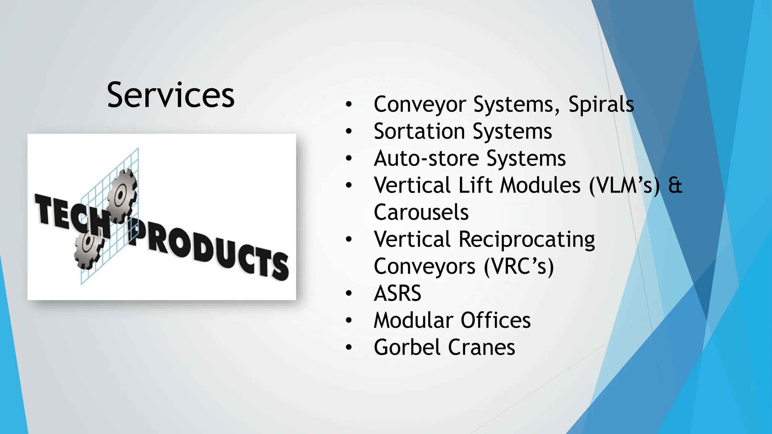 Presentation slide titled 'Services' listing various industrial automation services and a logo for Tech Products featuring gears and a grid background.