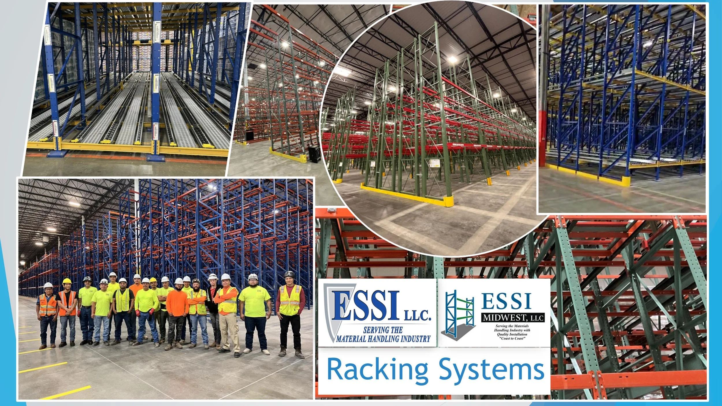 Collage of warehouse rack systems and workers wearing safety gear, with logos for ESSI LLC and ESSI Midwest LLC, showing various storage rack configurations and personnel in safety vests and helmets.