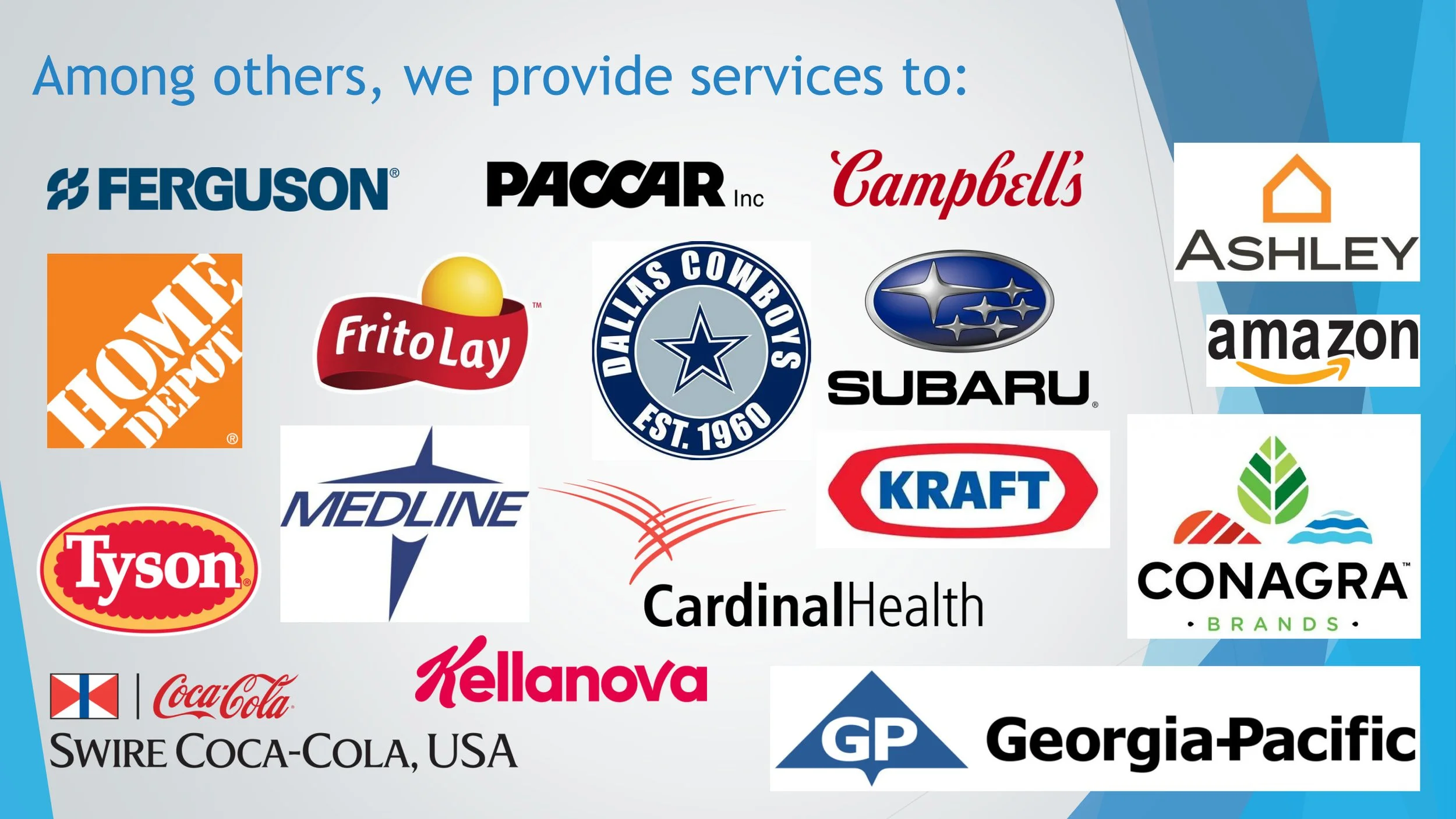 A collage of various company logos, including Ferguson, PacCAR Inc, Campbell’s, Ashley, Home Depot, Frito-Lay, Dallas Cowboys, Subaru, Amazon, Tyson, Medline, Kraft, Cardinal Health, Conagra Brands, Kelly, Coca-Cola Swire Coca-Cola USA, Georgia-Pacif