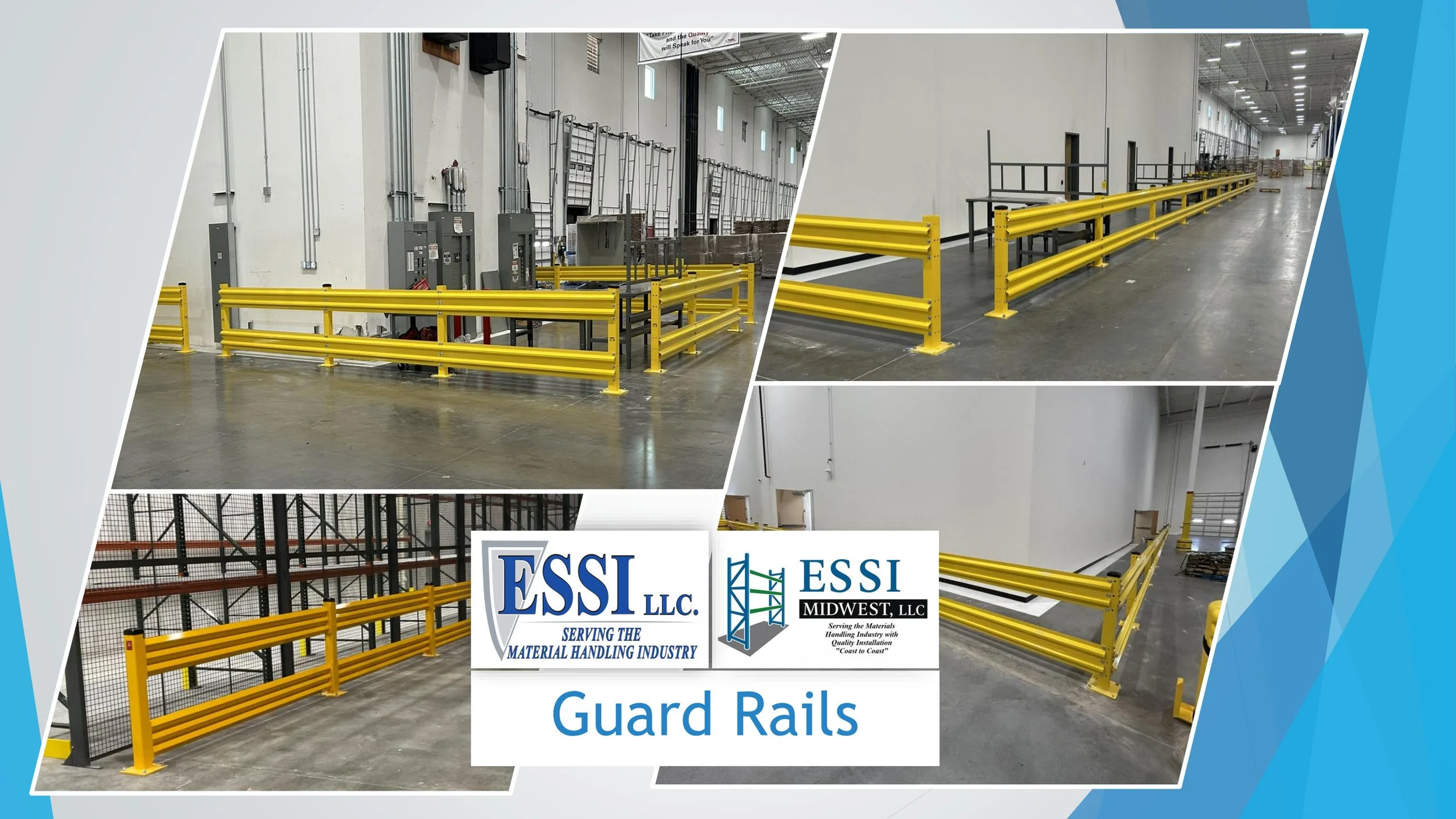 Multiple images of yellow guard rails installed in a warehouse or industrial setting, with logos for ESSI LLC and ESSI Midwest LLC, and the text "Guard Rails" and "Serving the Material Handling Industry".