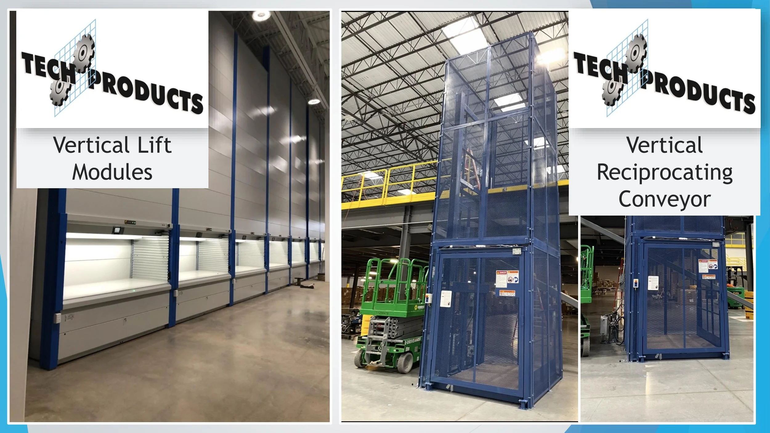 Industrial warehouse with vertical lift modules on the left and vertical reciprocating conveyor on the right, with equipment and forklifts in the background.
