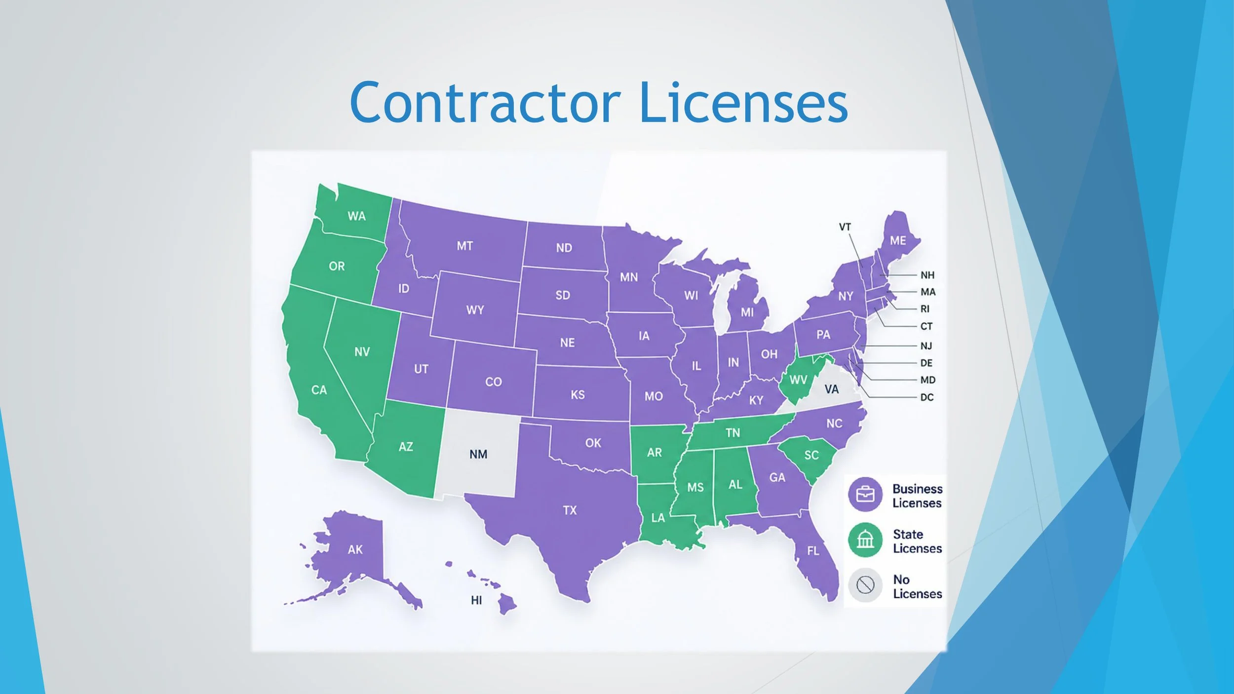 Map of the United States showing states with different colors indicating types of licenses, including business licenses, state licenses, and states with no licenses.