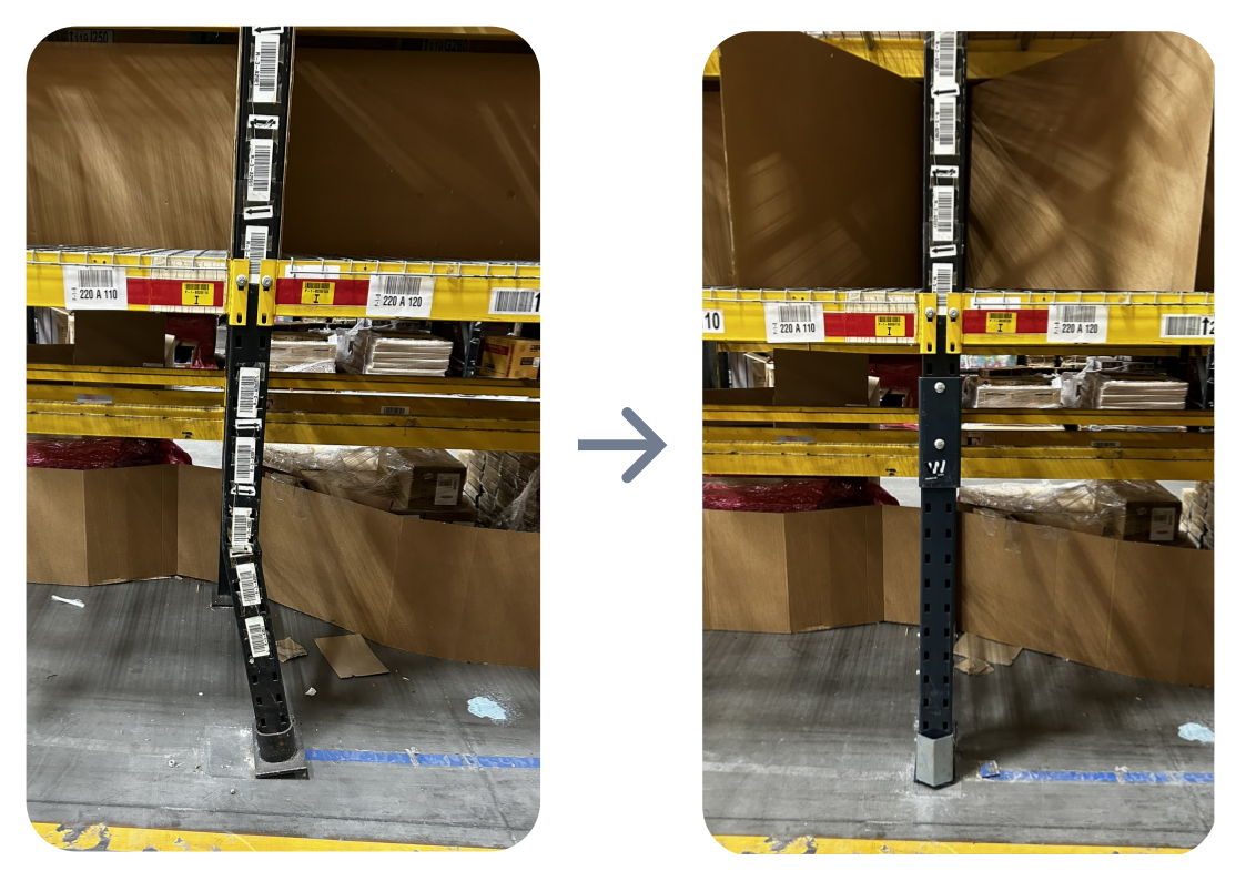Comparison of a damaged and repaired shopping cart support pole with shelving in a warehouse aisle.