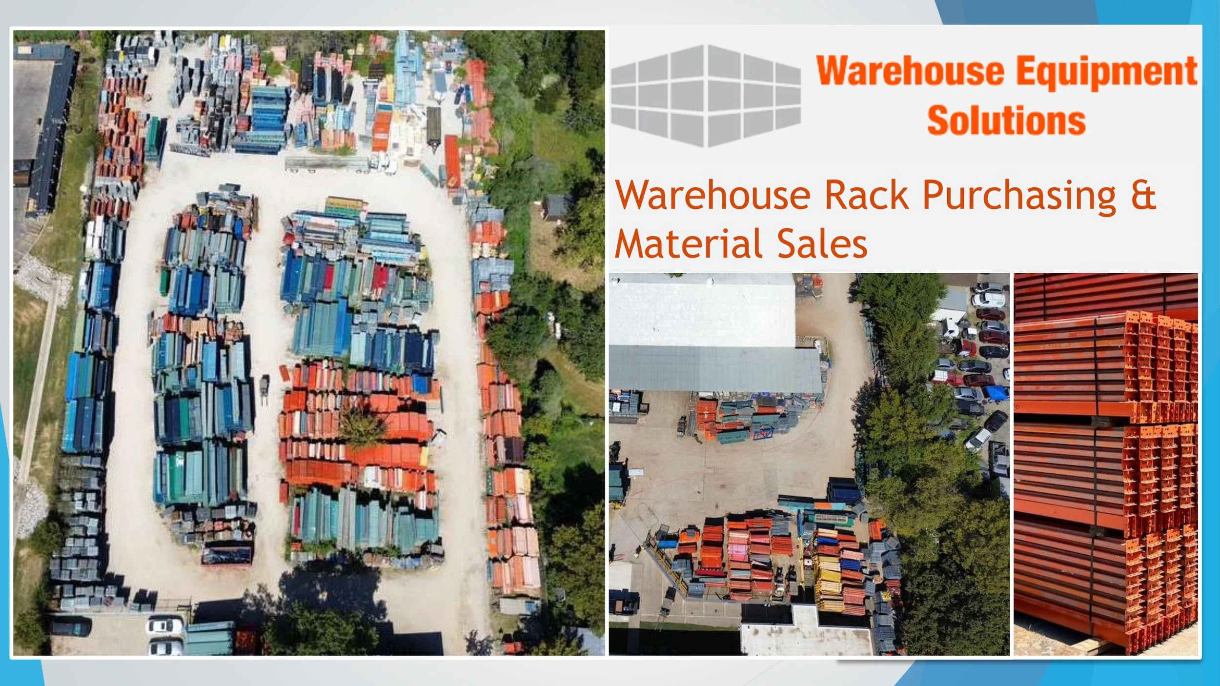 Aerial view of a large storage yard filled with colorful warehouse racks and containers, with some parked cars and green trees surrounding the area.