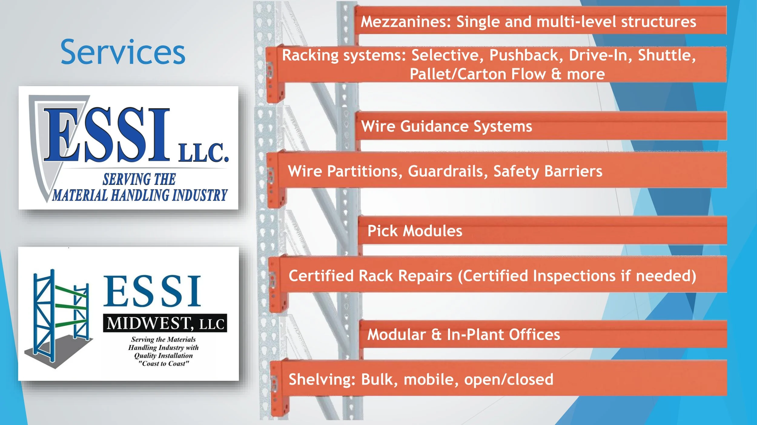 A list of material handling services offered by ESSI LLC and ESSI Midwest LLC, including mezzanines, racking systems, wire guidance systems, wire partitions, pick modules, rack repairs, modular and in-plant offices, and shelving options.