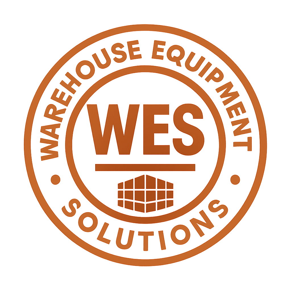 Copper-colored seal with the words "WAREHOUSE EQUIPMENT SOLUTIONS" surrounding the central "WES" acronym and a geometric cube symbol at the bottom.