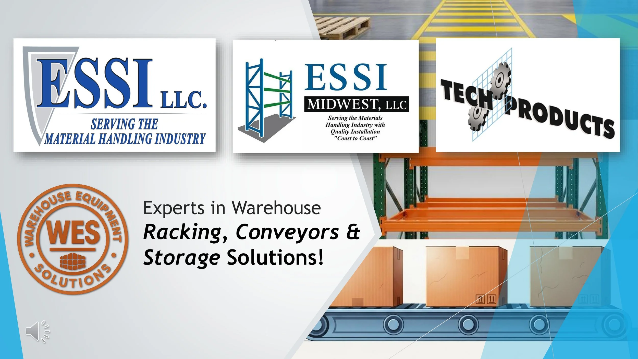 Signboard advertising warehouse solutions including racking, conveyors, and storage, with logos of ESSI LLC, ESSI Midwest LLC, and WES.