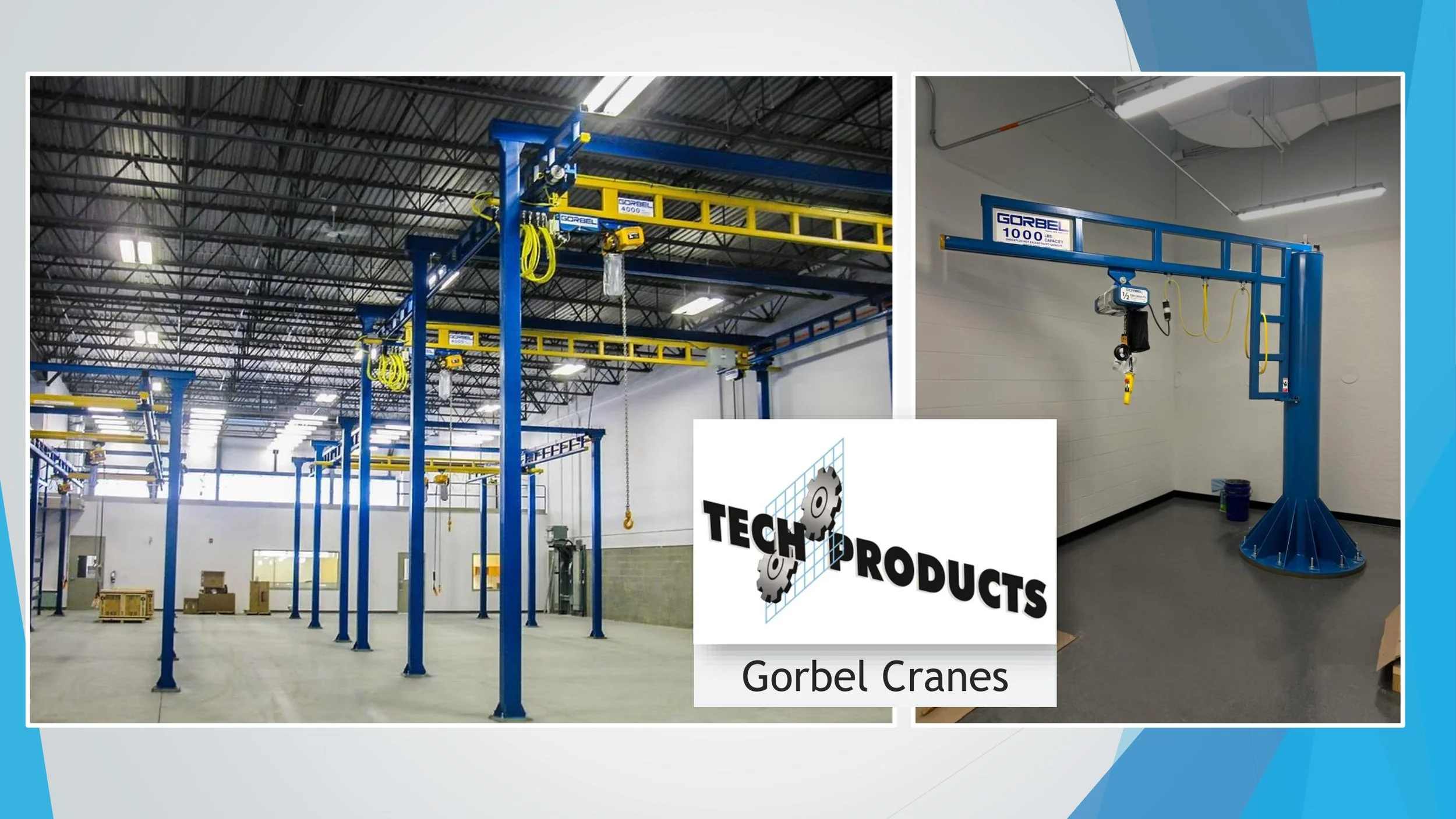 Industrial warehouse with blue and yellow gantry cranes, high ceilings, and bright overhead lighting.