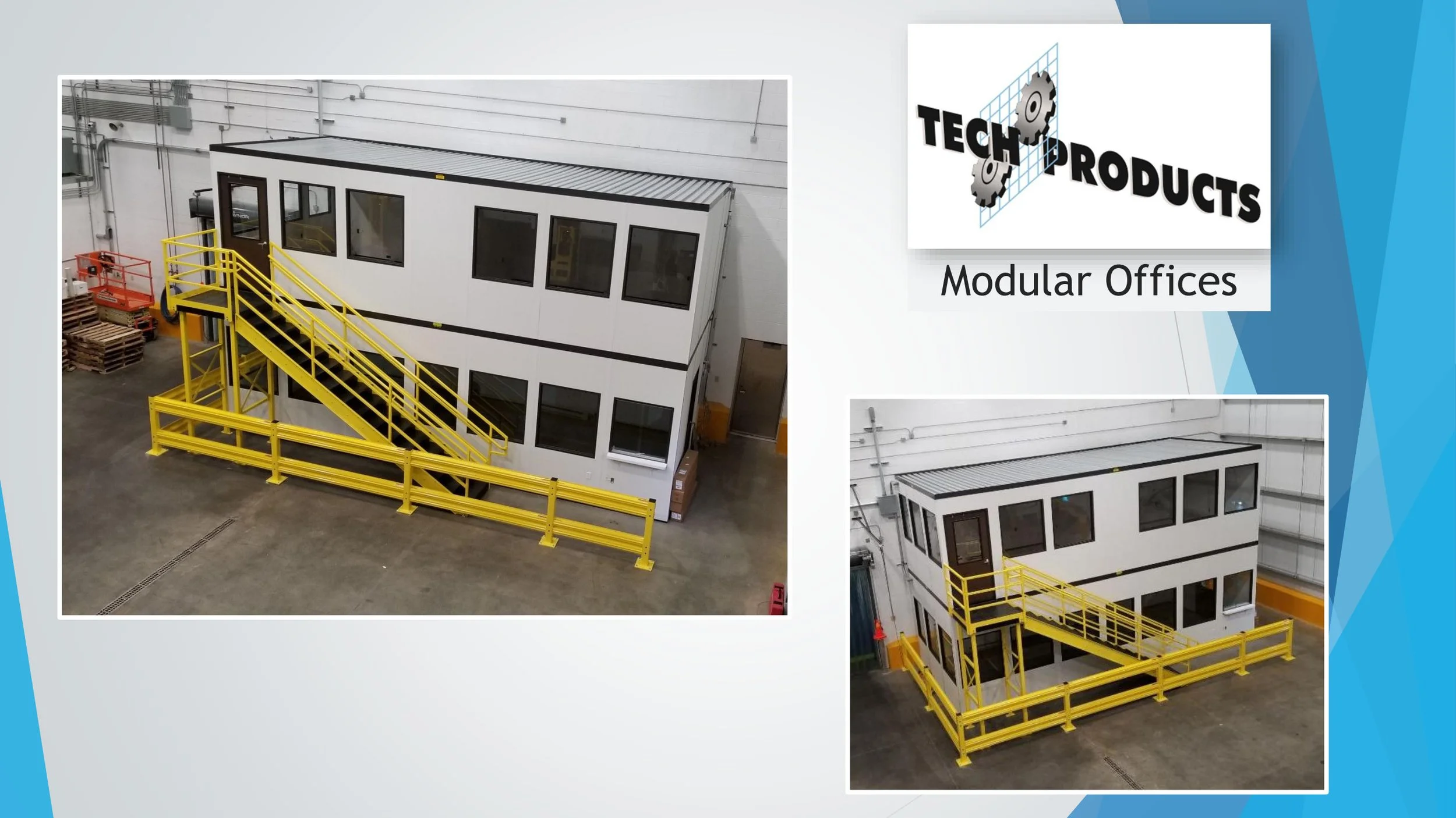Modular office building with black-trimmed white exterior, multiple windows, and yellow safety railing stairs inside a warehouse.