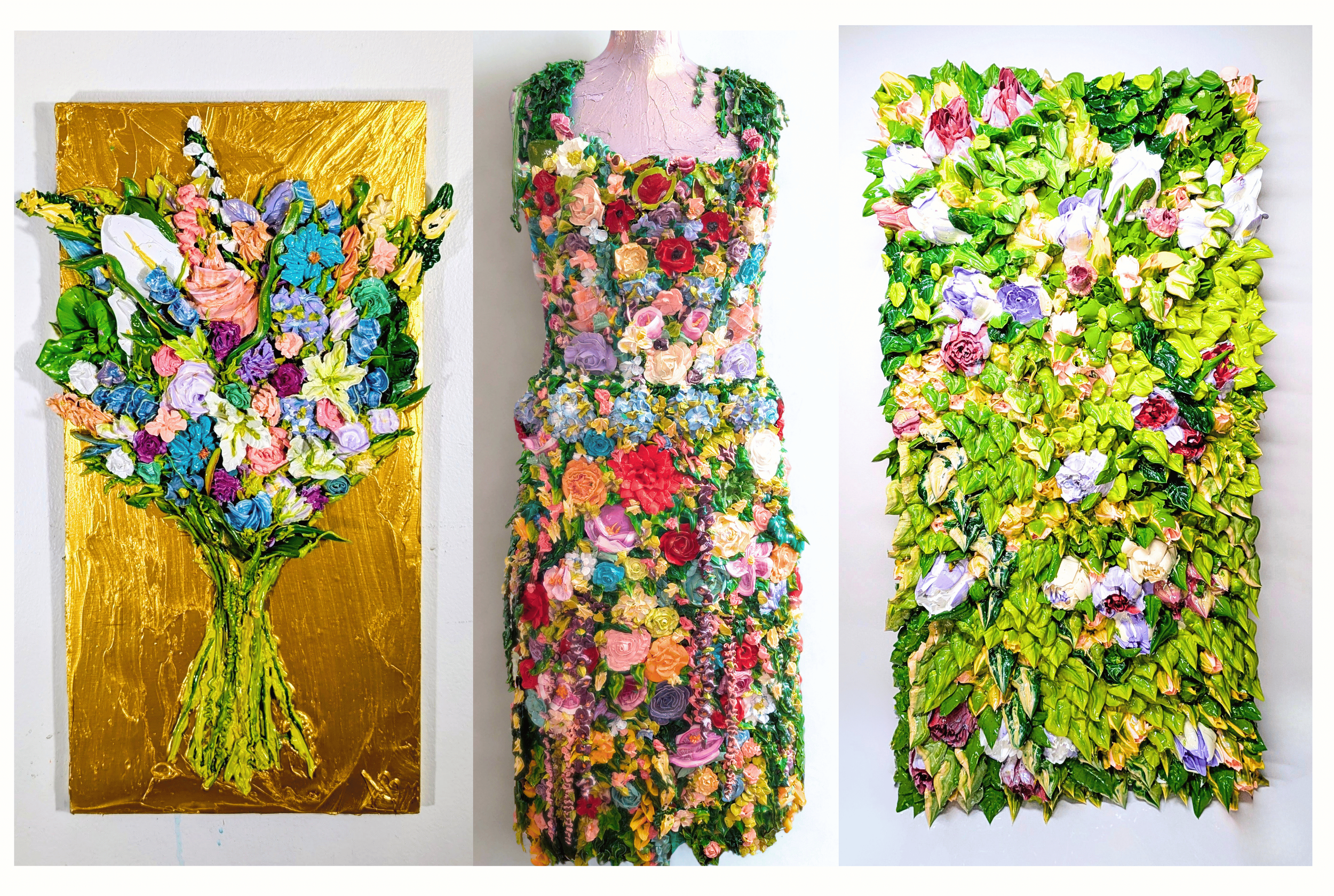 Three mixed-media floral art pieces: a bouquet on a golden background, a dress with layered flowers, and a floral panel with green leaves and flowers.