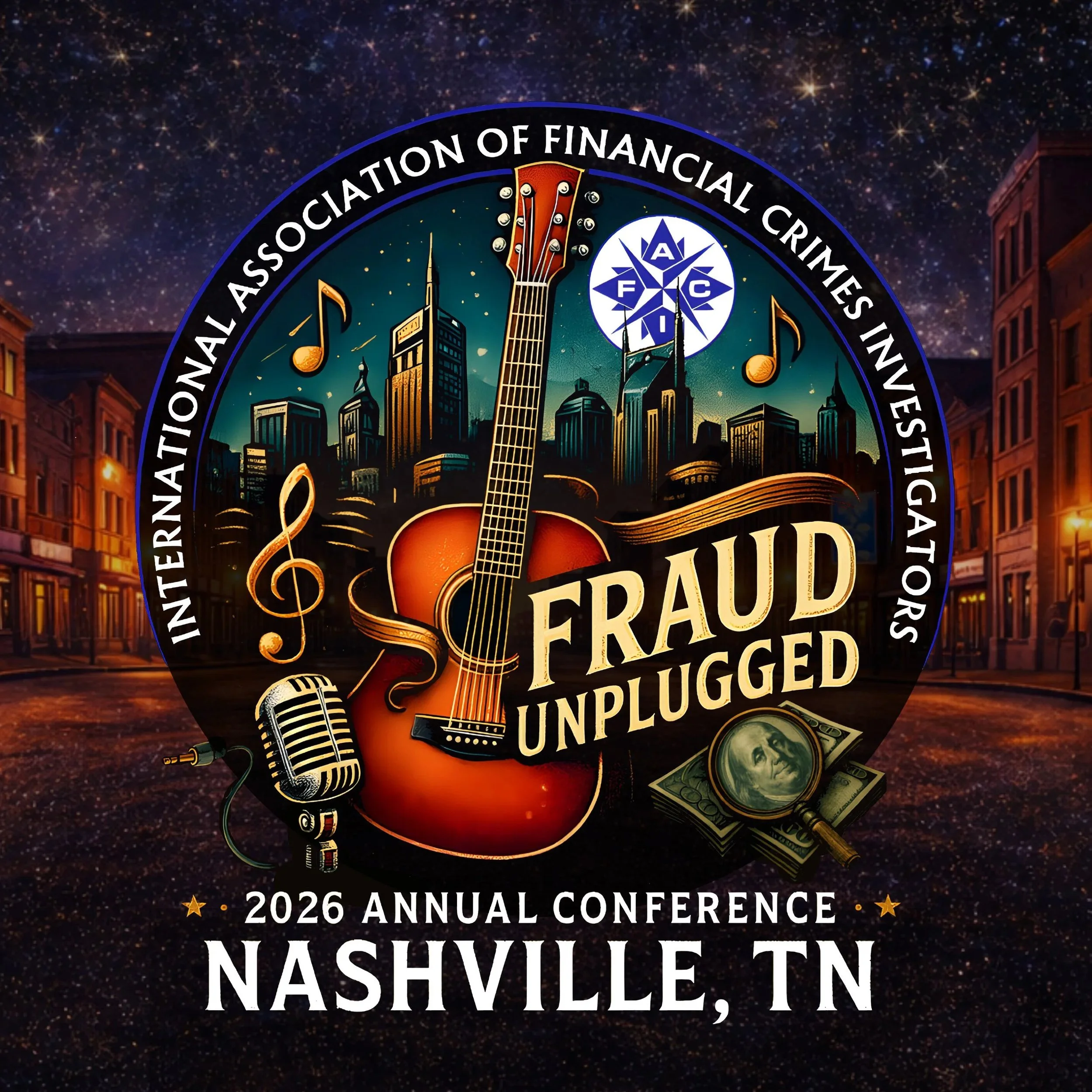Logo for the 2026 Nashville, Tennessee annual conference of the International Association of Financial Consultants, featuring musical notes, a guitar, city skyline, and starry night background.