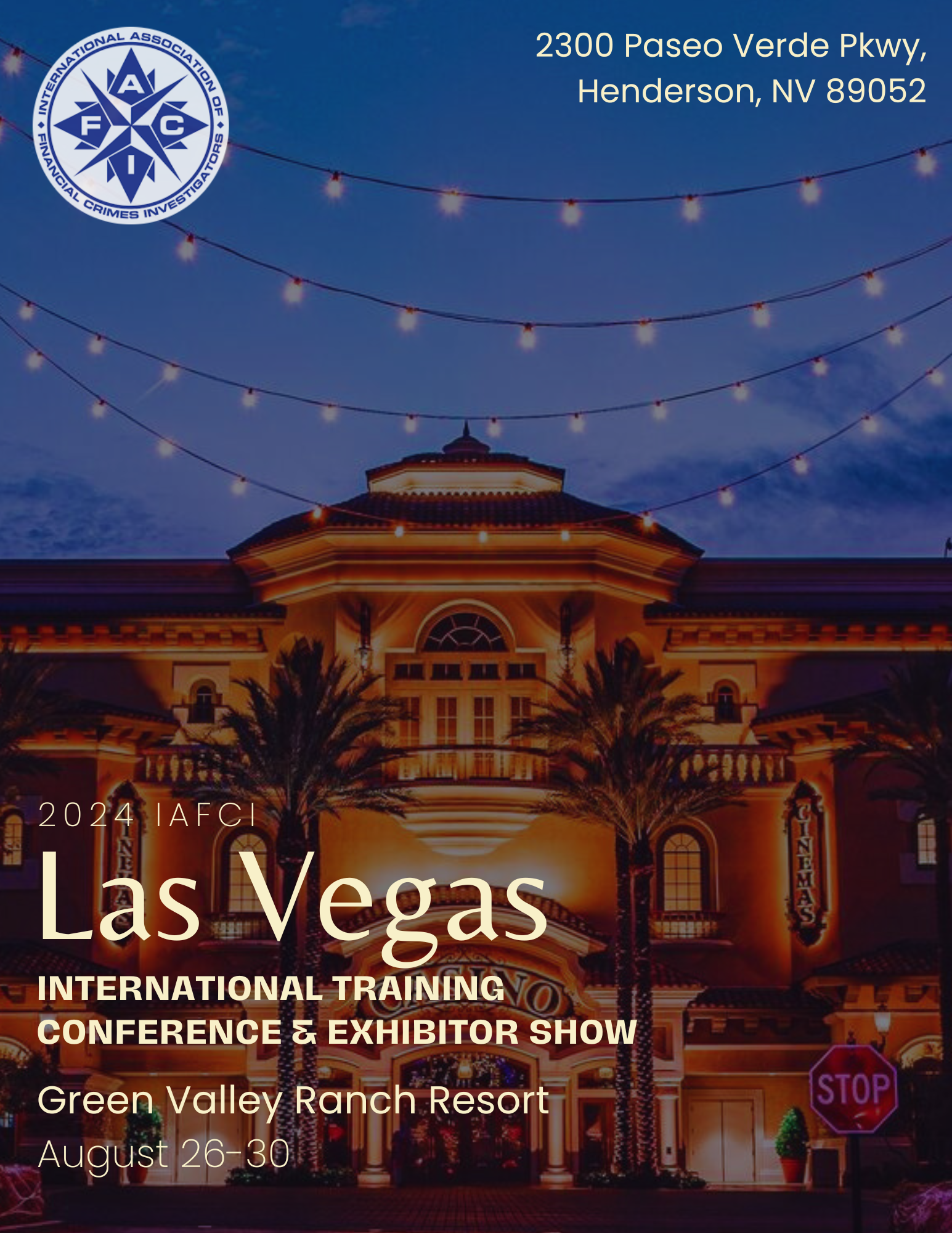 Poster for the 2024 AFC International Training Conference and Exhibitor Show in Las Vegas at Green Valley Ranch Resort, August 26-30, featuring an image of a building illuminated at dusk with string lights overhead, palm trees, and event details.