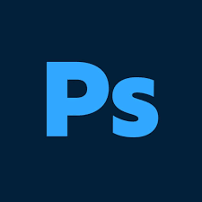 Adobe Photoshop logo with blue letters 'Ps' on a dark background.