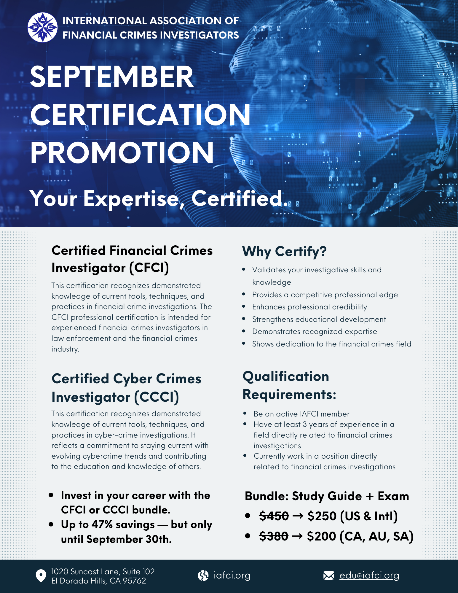 Digital graphic for the International Association of Financial Crimes Investigators promoting September certification and exam bundle discounts, featuring a globe and technological data imagery in blue tones.