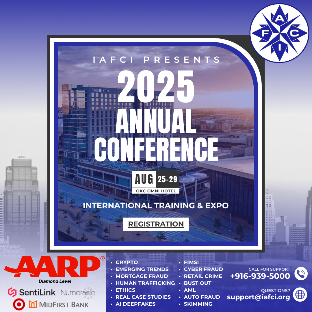 An advertisement for the 2025 IAFCI Annual Conference held August 25-29 at OKC Omni Hotel, featuring a cityscape background and the IAFCI logo in the top right corner. The event includes international training and expo, with various topics listed suc