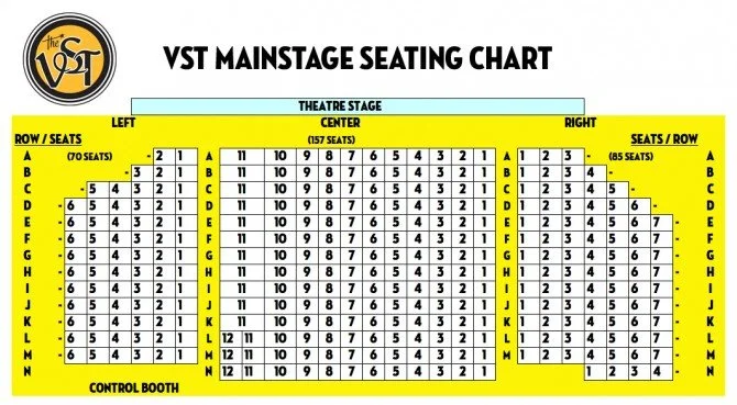 The VST Mainstage seating chart displays theater stage, seating sections, and seat arrangements in yellow, black, and light blue. It shows left, center, and right sections with numbered rows and seats.