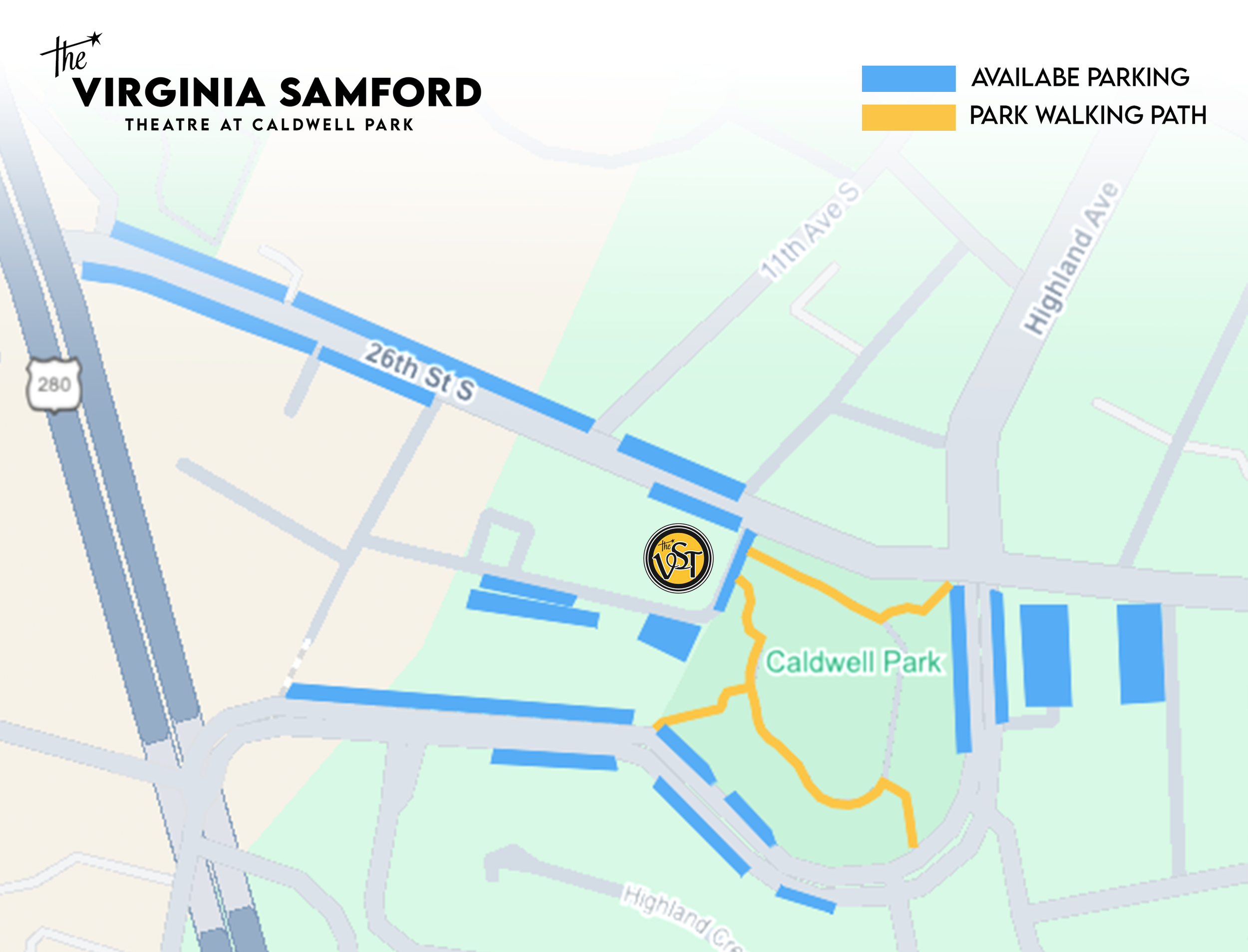 Map of Caldwell Park showing available parking areas in blue and park walking paths in yellow, with nearby streets labeled.