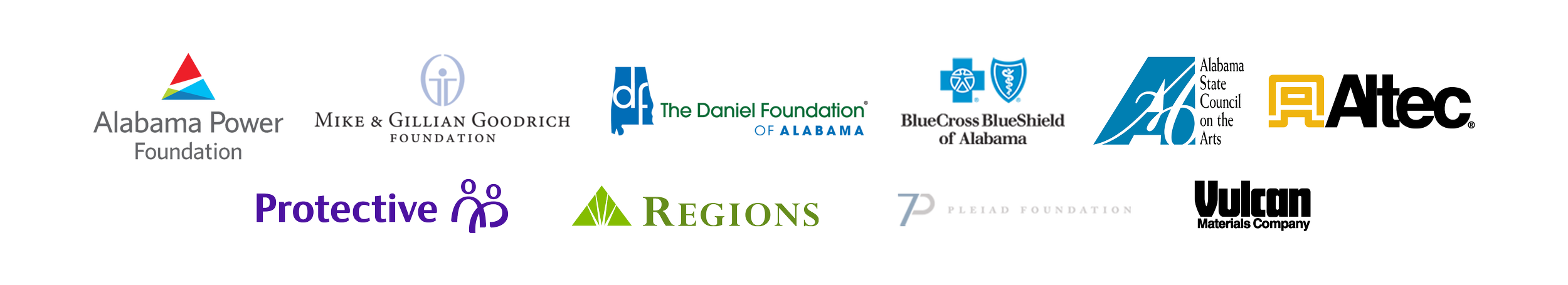 A digital collage of logos from various companies and organizations, including the Alabama State Council on the Arts, Altec, Vulcan Materials Company, Regions, Protective, Blue Cross Blue Shield, the University of Alabama, and others.