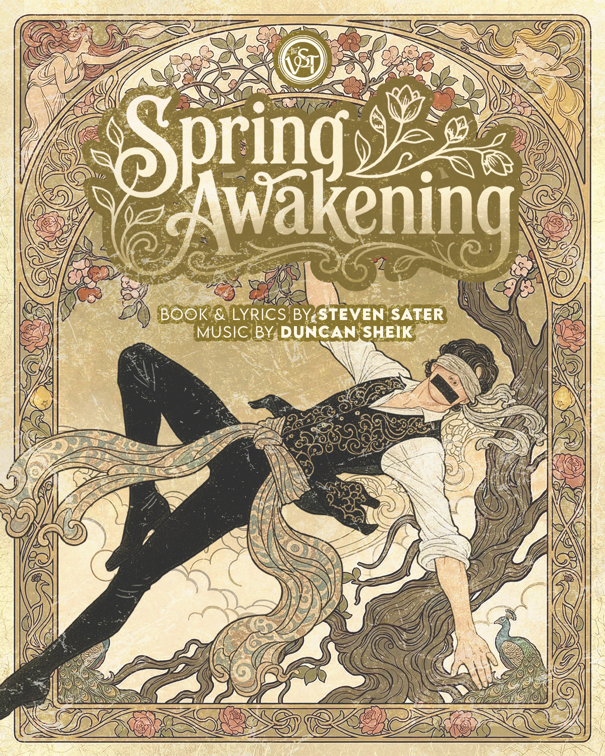 The cover of a book titled 'Spring Awakening' with artwork of a person lying against a tree, wearing sunglasses, and surrounded by floral and ornate decorative elements.