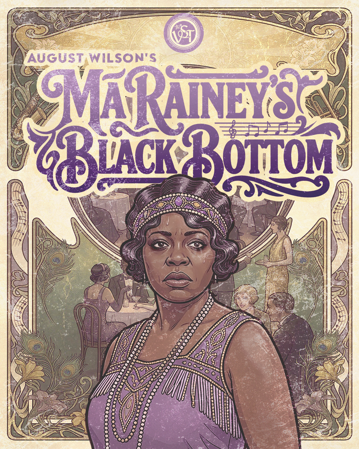 A promotional poster for August Wilson's play 'Ma Rainey's Black Bottom' featuring a portrait of a woman in 1920s attire, with a background of a jazz club scene and decorative peacock feathers.