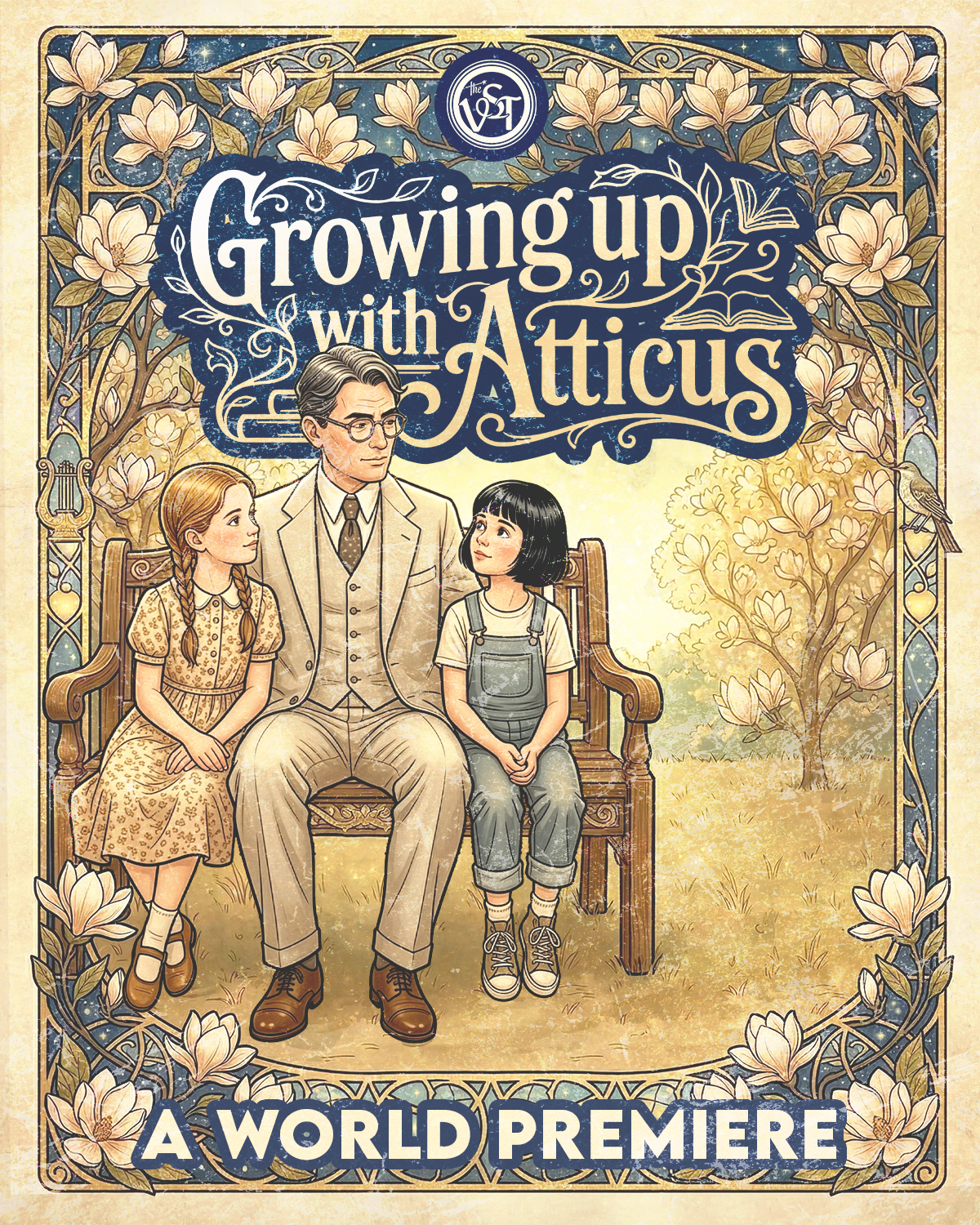 Illustration for the movie 'Growing Up with Atticus', showing a man and two young girls sitting on a bench in a garden surrounded by flowers and trees, with a decorative border and the titles at the top and bottom.