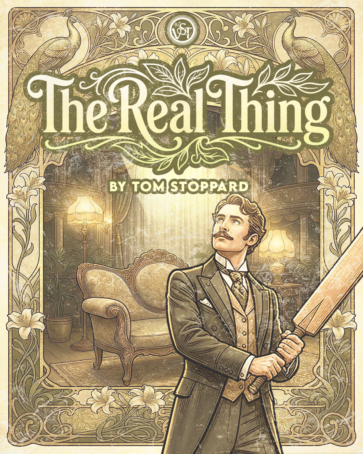 Book cover for "The Real Thing" by Tom Stoppard. Features a vintage illustration of a man in a suit holding a cricket bat, set in an ornate, Victorian-style room with floral accents and peacock illustrations.