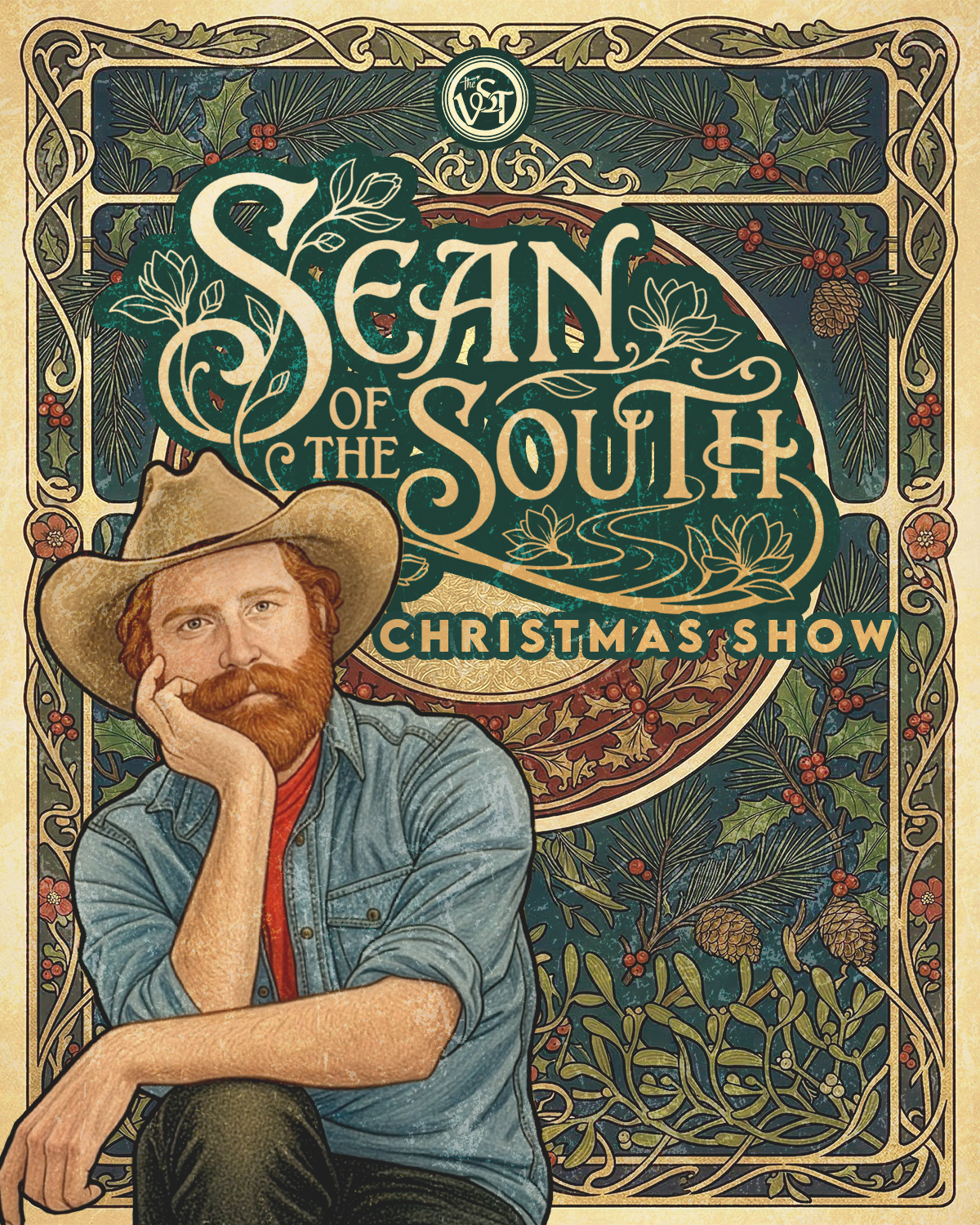 Poster for 'Seán of the South Christmas Show' featuring a man with red hair, beard, wearing a straw hat, denim shirt, sitting with his hand on his face, surrounded by holiday foliage and decorative border.