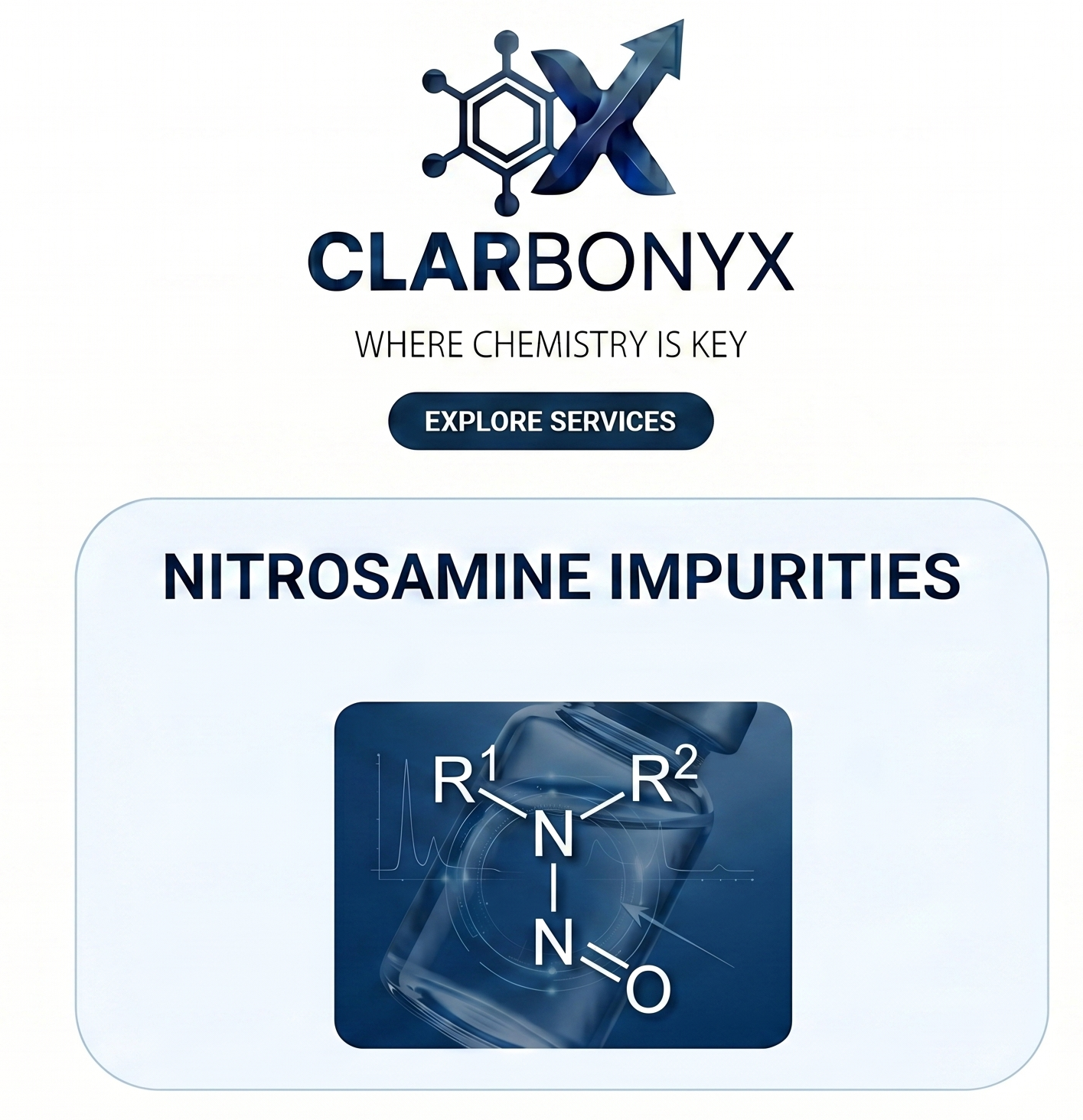 Logo for Clarbonyx and the text 'Where Chemistry is Key' and a button labeled 'Explore Services'. Below, a section titled 'Nitrosamine Impurities' shows a chemical diagram of the nitrosamine molecular structure.