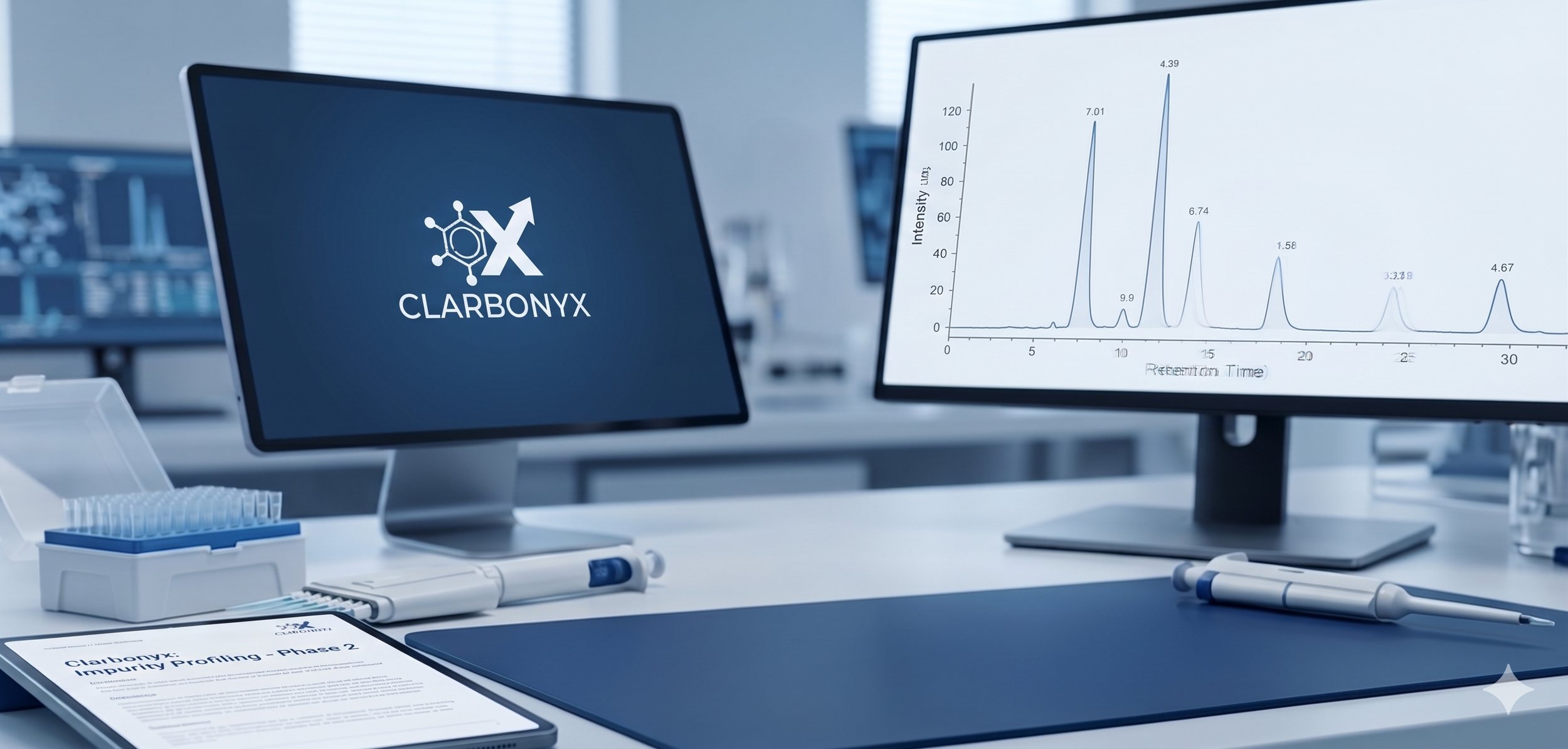 Laboratory workspace with two computer monitors; one displaying the Clarionyx logo, the other showing a line graph with peaks and data points; scientific equipment and documents on the desk.