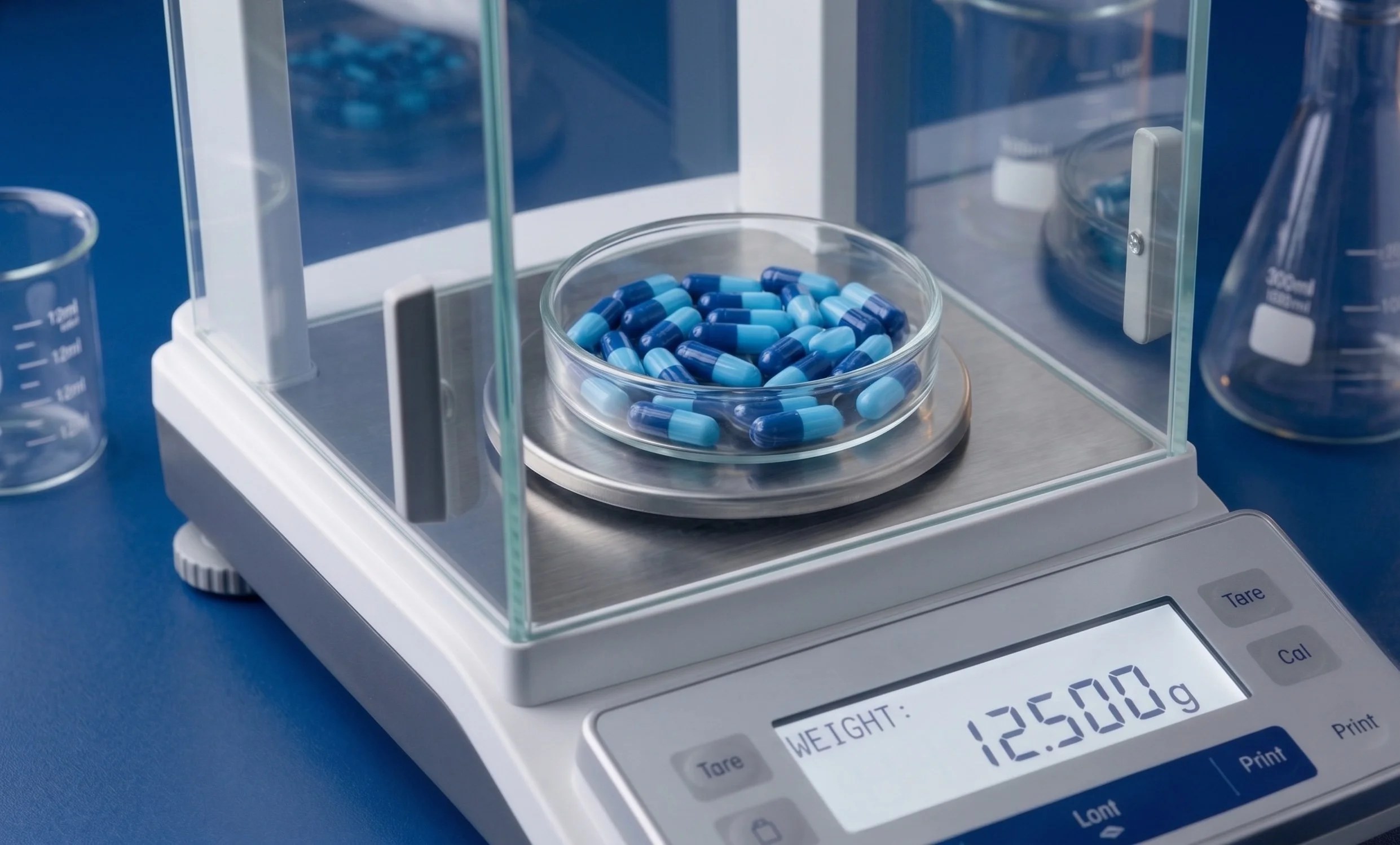 A digital scale displaying a weight of 125.00 grams, with a Petri dish filled with blue and white capsules on top of it, and a glass enclosure around the scale.