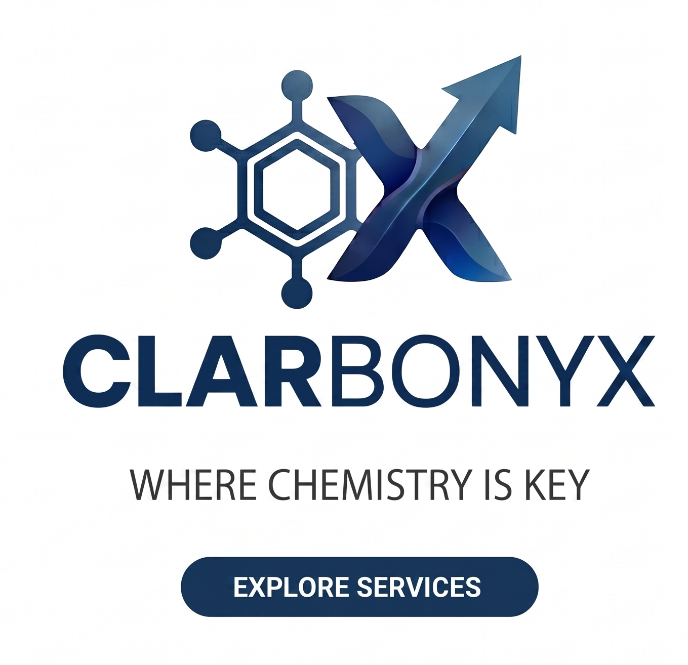 Logo for Clarbonyx featuring a chemical structure and an upward arrow, with the tagline "Where Chemistry Is Key" and a button labeled "Explore Services."