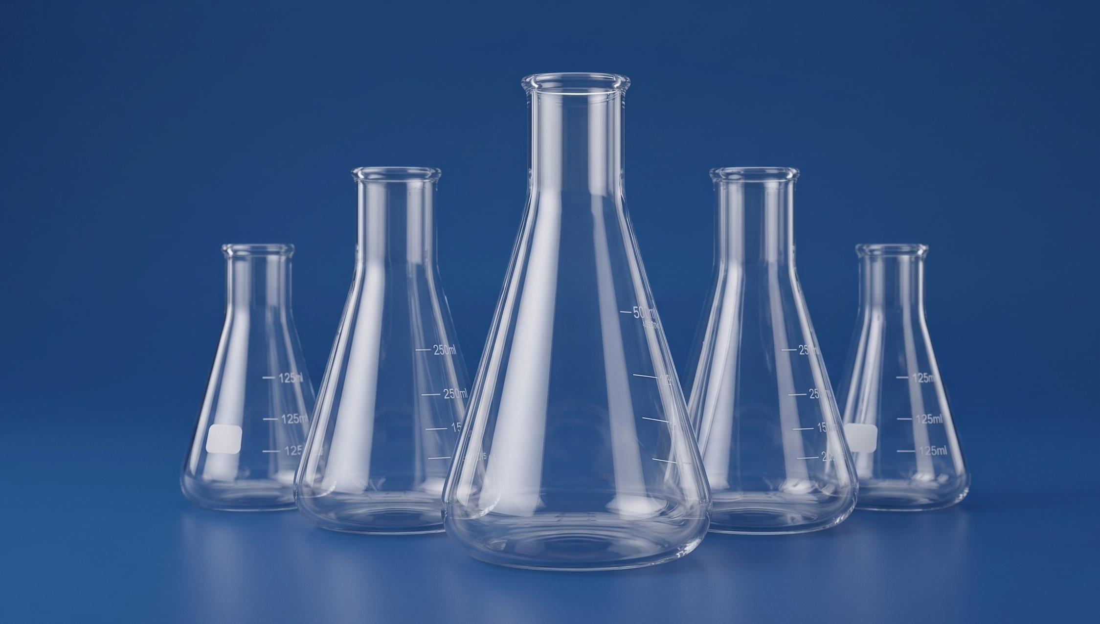 Six clear glass laboratory Erlenmeyer flasks arranged in height order against a blue background.