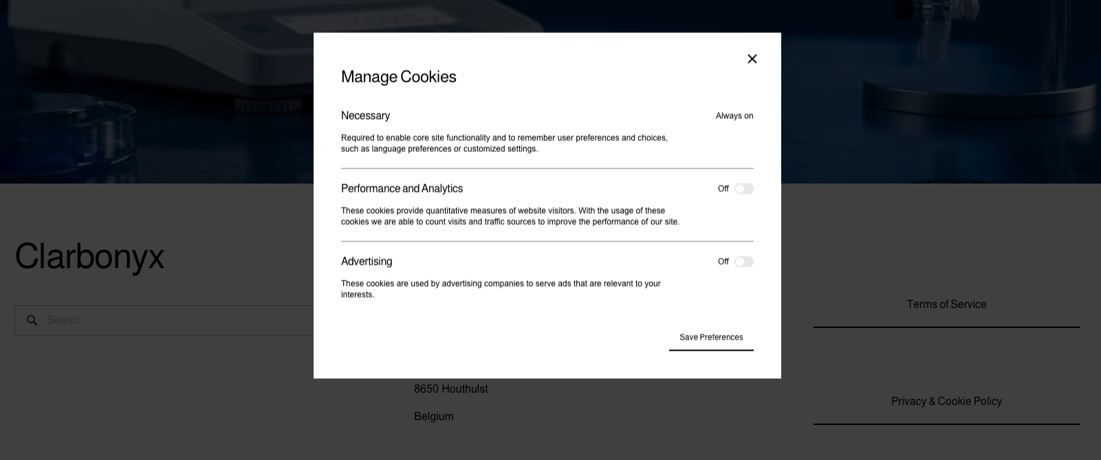 A pop-up window titled 'Manage Cookies' appears on a website, with options to turn on or off settings for necessary cookies, performance and analytics cookies, and advertising cookies. The window also has a 'Save Preferences' button at the bottom.