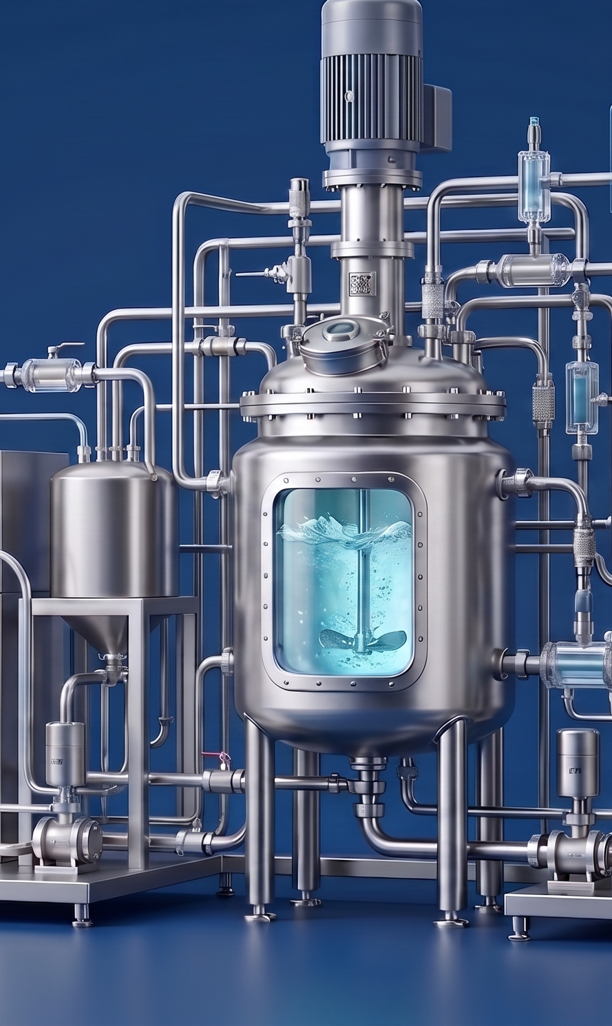 Industrial bioreactor with metallic pipes, valves, and a transparent window showing mixing inside, against a dark blue background.