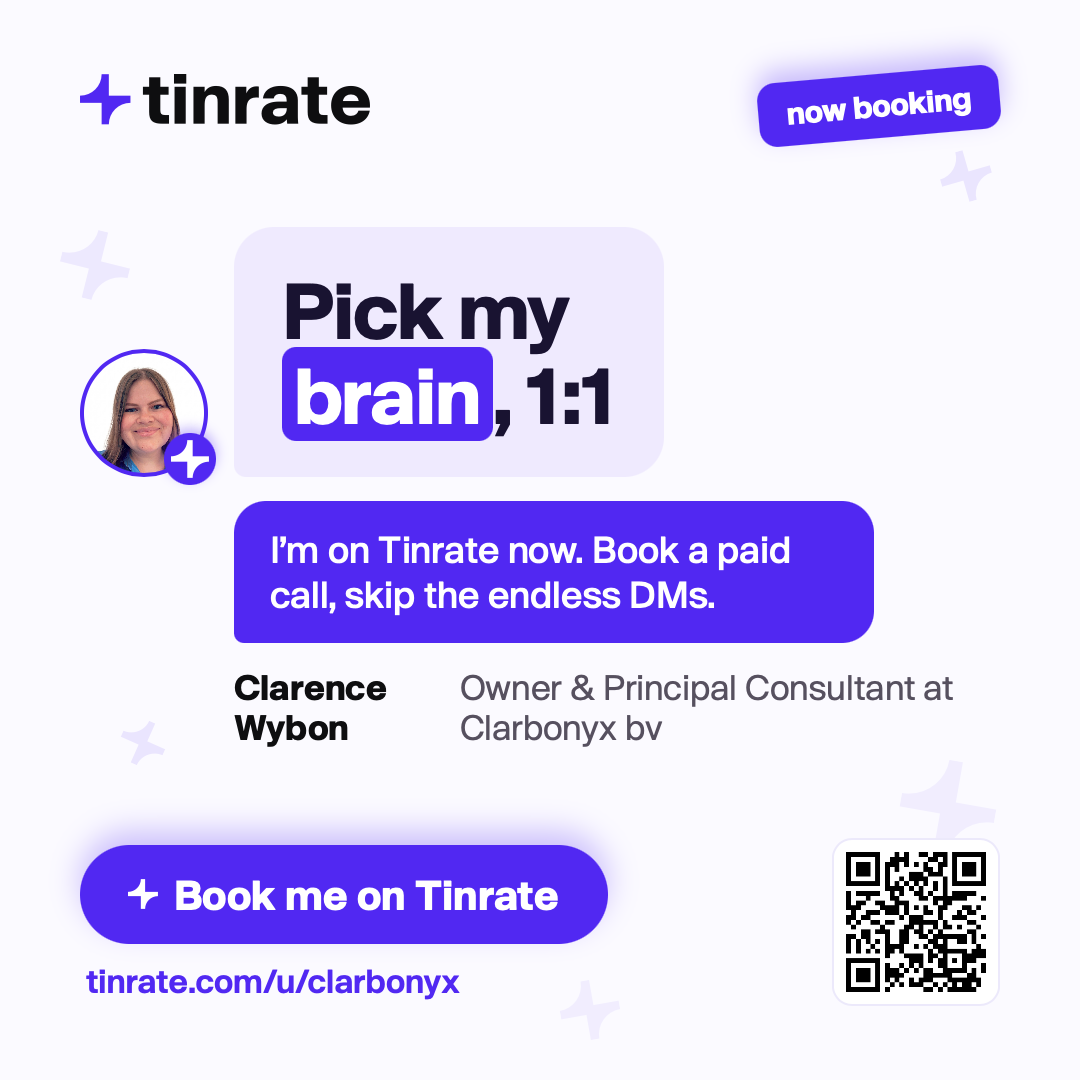 A digital advertisement for Tinrate featuring a woman with a smiling face, promoting booking paid calls. The ad includes a QR code, a link, and details about Clarence Wybon, owner and principal consultant at Clarbonyx bv.