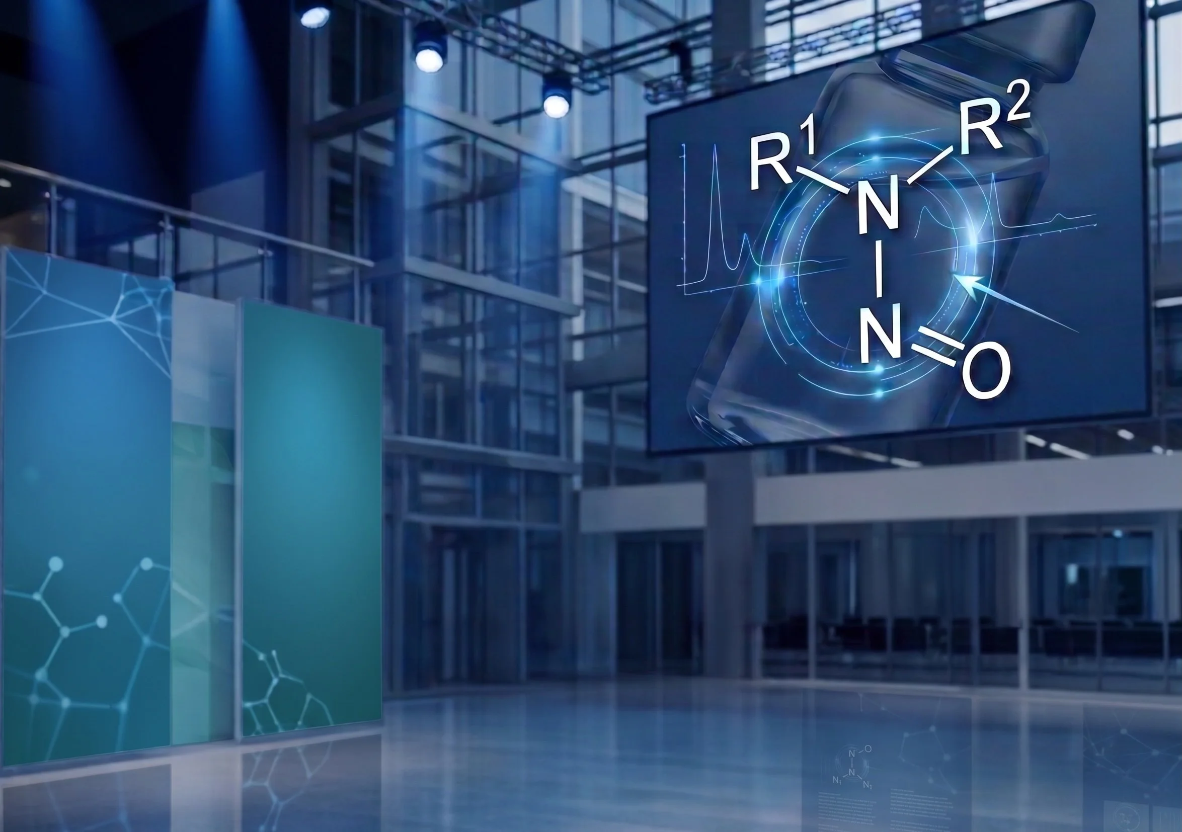 A digital graphic display of a chemical structure with molecular formulas and lines, set against a modern glass building with blue lighting in the background.