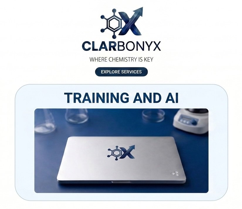 A promotional graphic for Clarbonyx featuring a logo with a hexagon and arrow, with laboratory equipment including test tubes and a digital scale, and text about training and AI services.