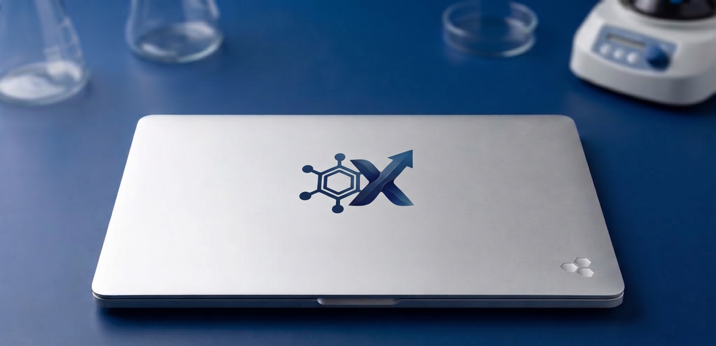 A silver laptop with a Clarbonyx logo combining a chemical structure and an arrow pointing upward on the lid, placed on a blue surface. In the background, there are several clear glass containers and a device with a digital display and blue knob.